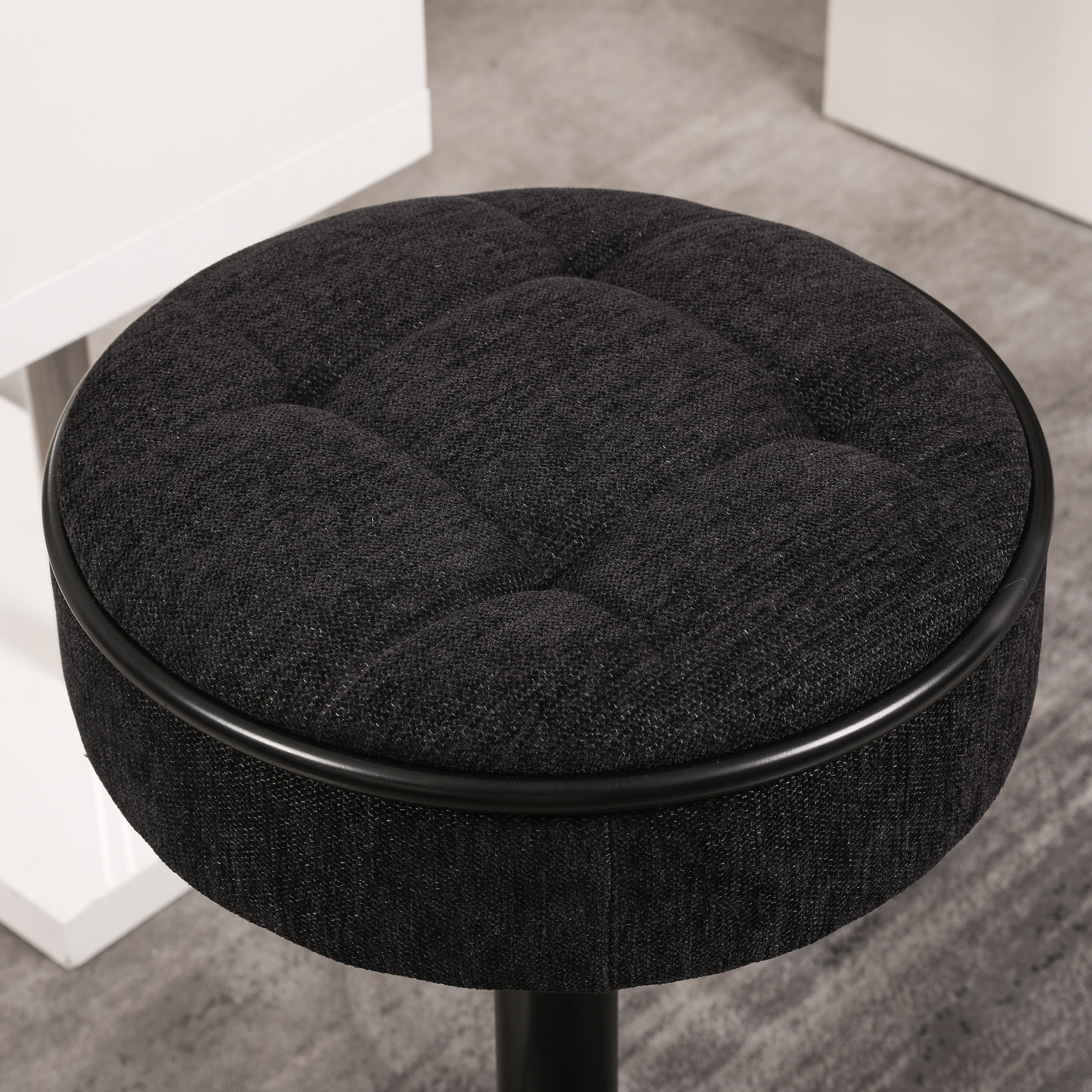 Set of 2 Round Storage Bar Stool Black Linen Height Adjustable Barstool, 360°Counter Height Swivel