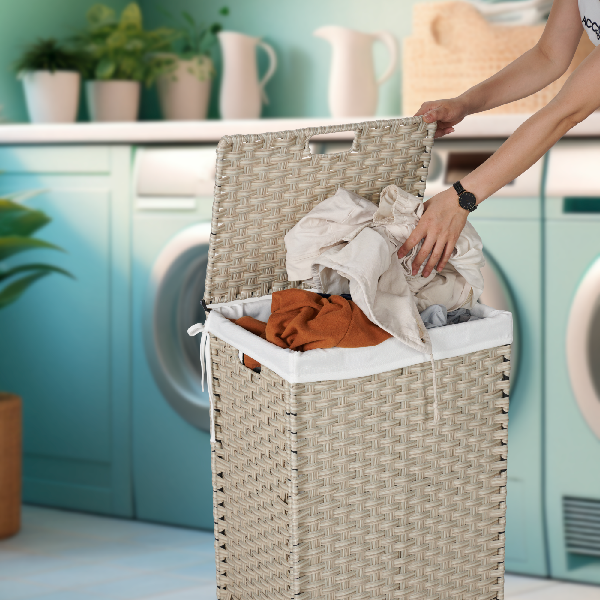 Laundry Hamper With Lid PE Rattan Powder Coating Frame Clothes with 2 Removable Bags, 100L - Light Grey