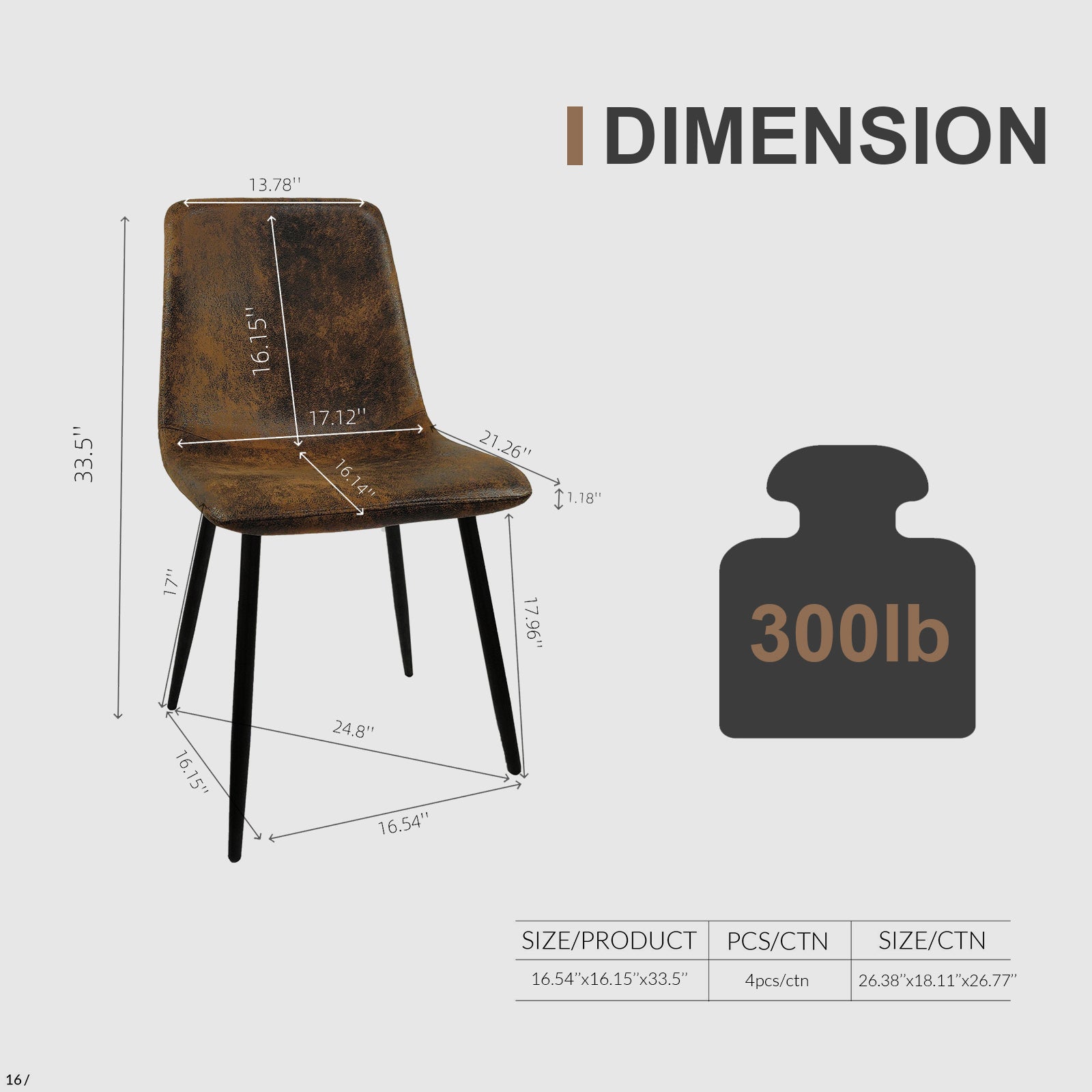 Set of 4 Modern Kitchen Dining Room Chairs, Cushion Seat and Sturdy Black Metal Legs - Brown