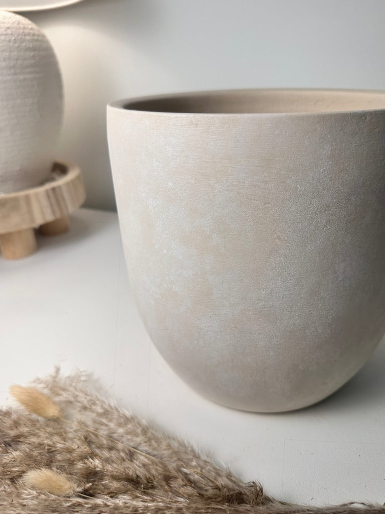 9" tall Minimalist Hand-Painted & Textured Planter Pot with drainage hole - Sand wash