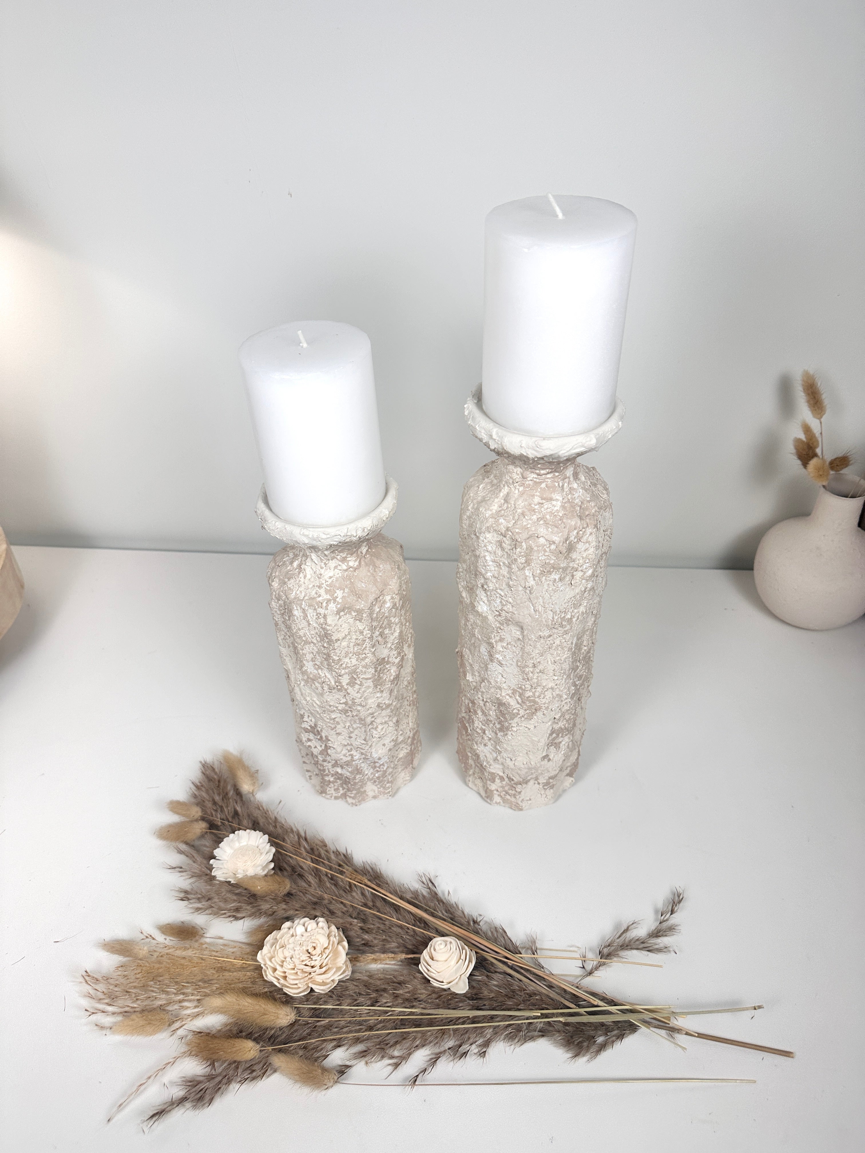 Minimalist Set of 2 Candle Holders Textured Hand-Painted - Cream Sand (10.5x4x4", 13x4x4")