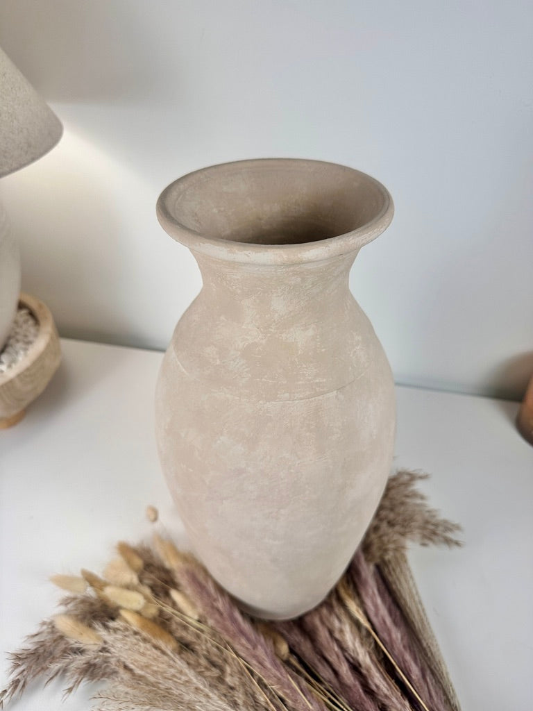 Roman Style Ceramic Vase Hand-painted  16" tall - Light Beige/Sand washed