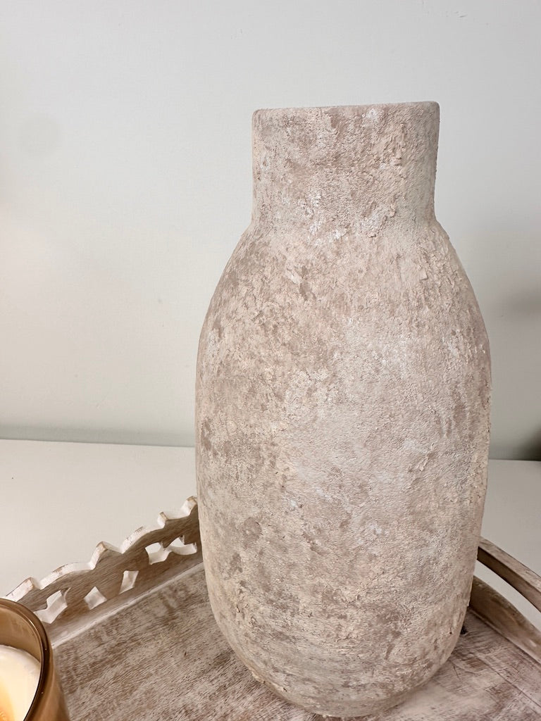 Rustic Hand-Painted/Textured Ceramic Vase 12” tall - beige washed