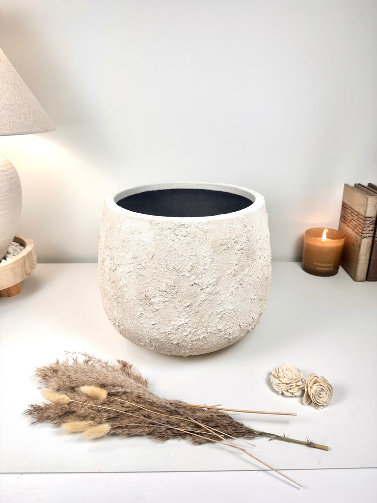 Minimalist Textured Hand-painted Ceramic Planter 10.5" tall - off white washed