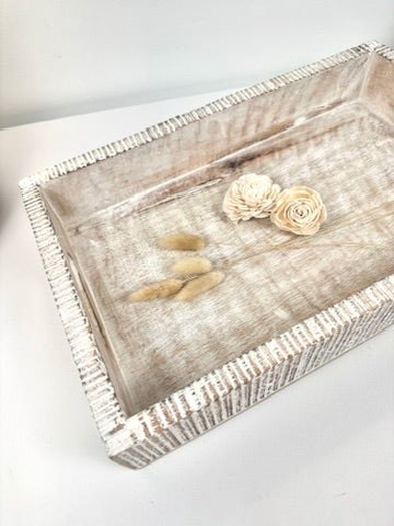 Boho Handmade Serving Wooden Tray Whitewash Finish with Stripes 12x10x2.5”