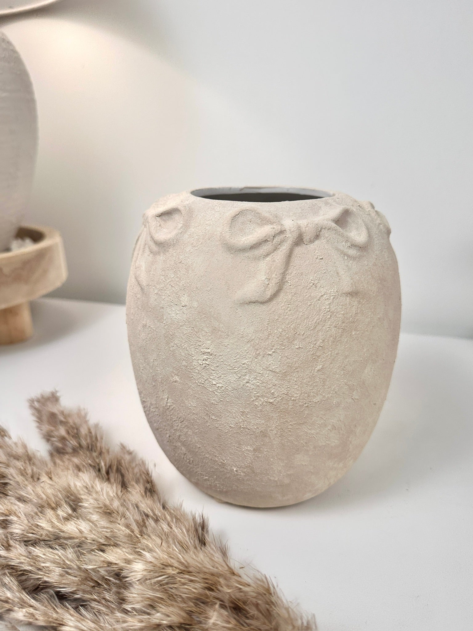 Minimalist Style Ceramic Vase with Bow 7", Painted and Textured by Hand - Cream Sand Washed