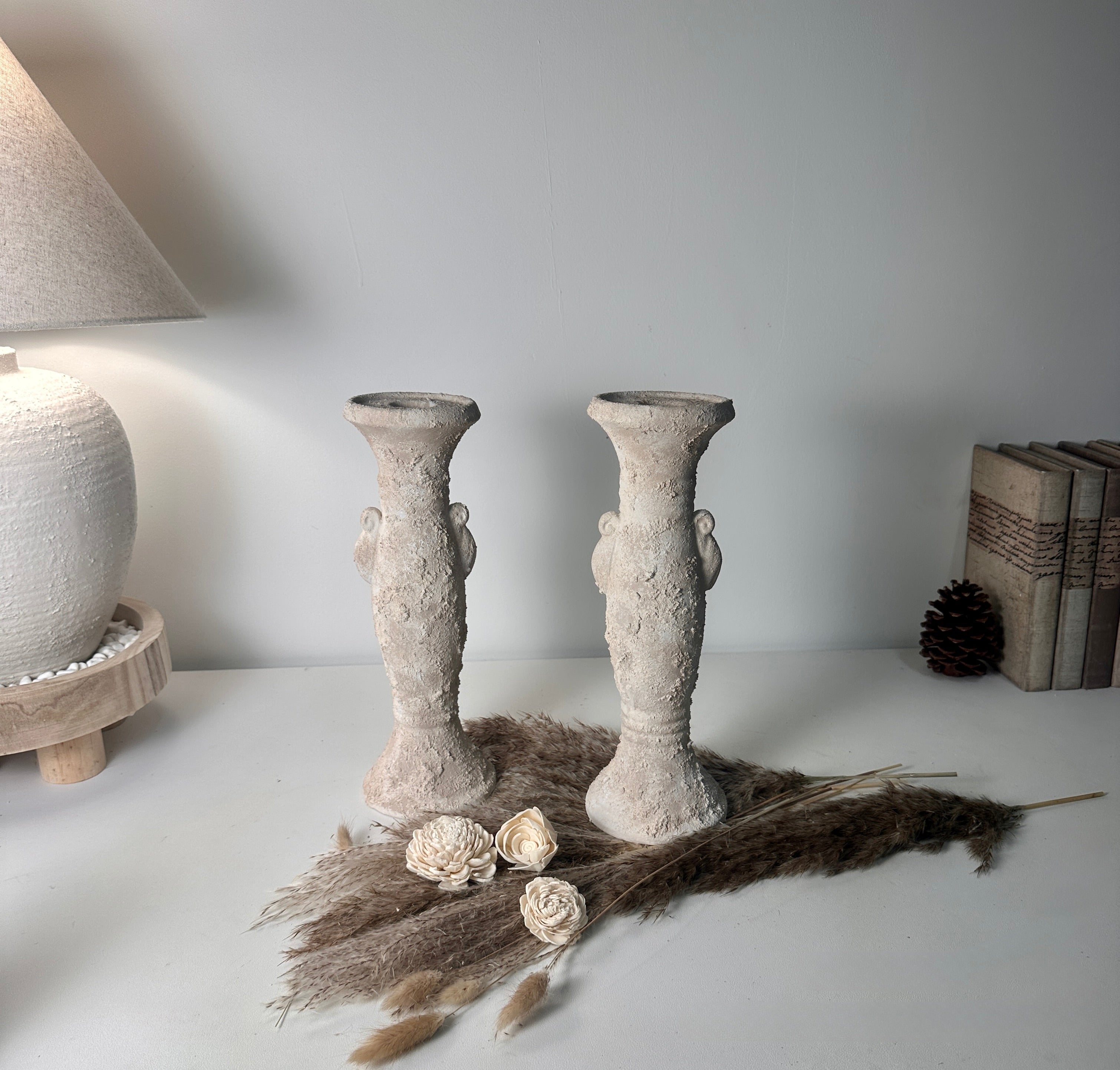 Set of 2 candlestick tray holders hand-painted and textured minimalist roman style 12" tall - Cream Sand wash