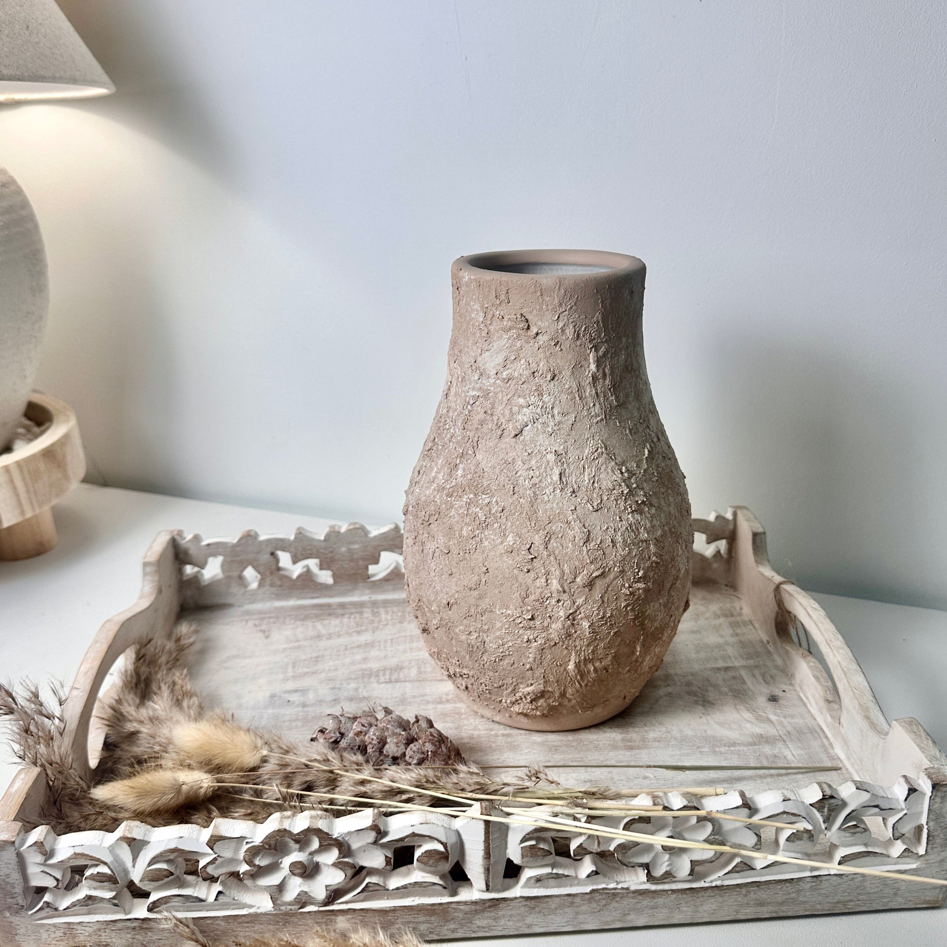 Rustic Ceramic Vase Textured Hand-Painted 10" tall - Light Beige Wash