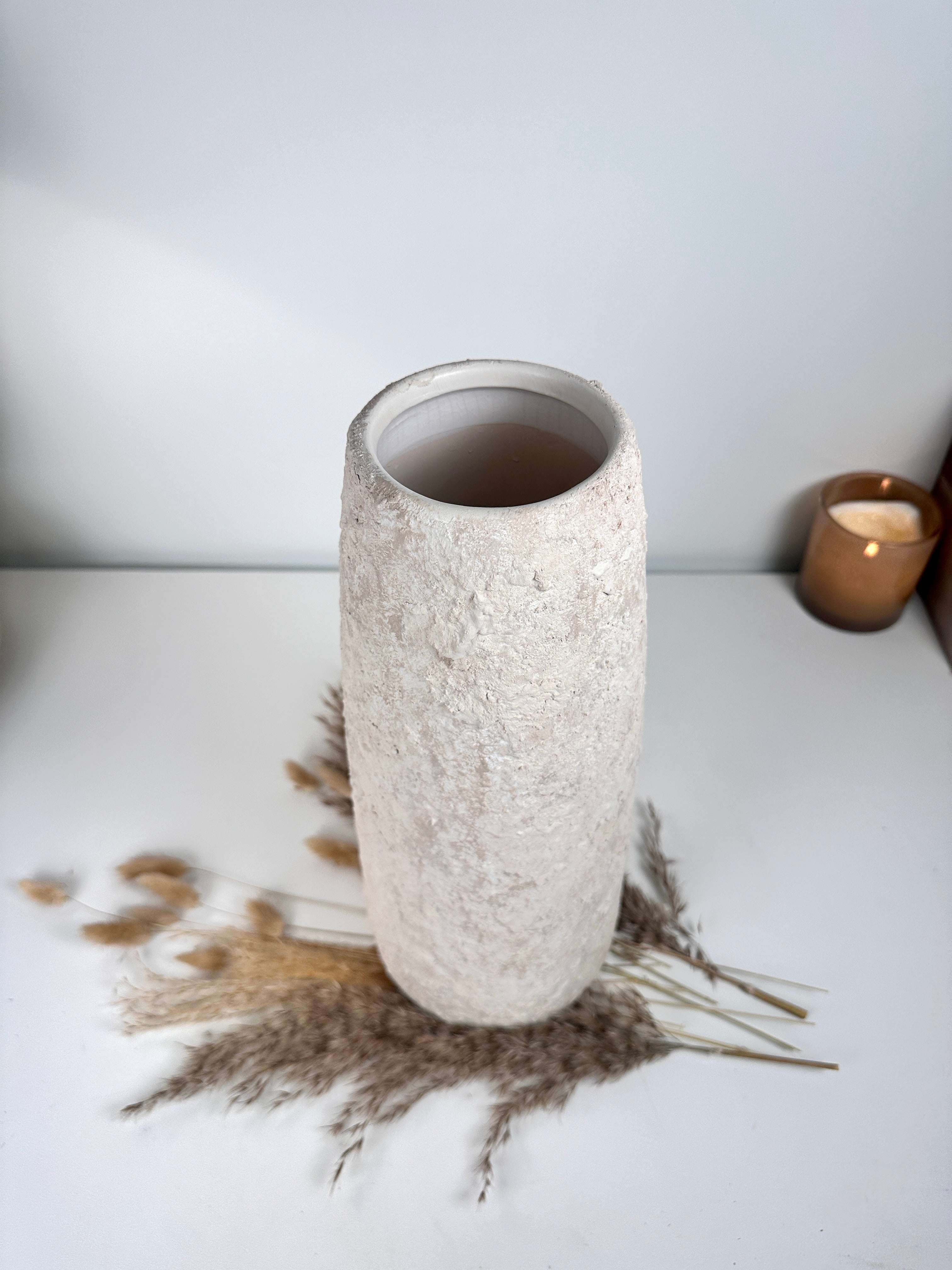 Minimalist Textured Hand-painted Ceramic Vase 15" tall - Cream Sand washed