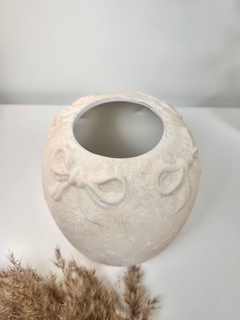 Hand-Painted Textured Ceramic Vase with Bow Accent, Cream Sand Washed, 7 Inch Tall