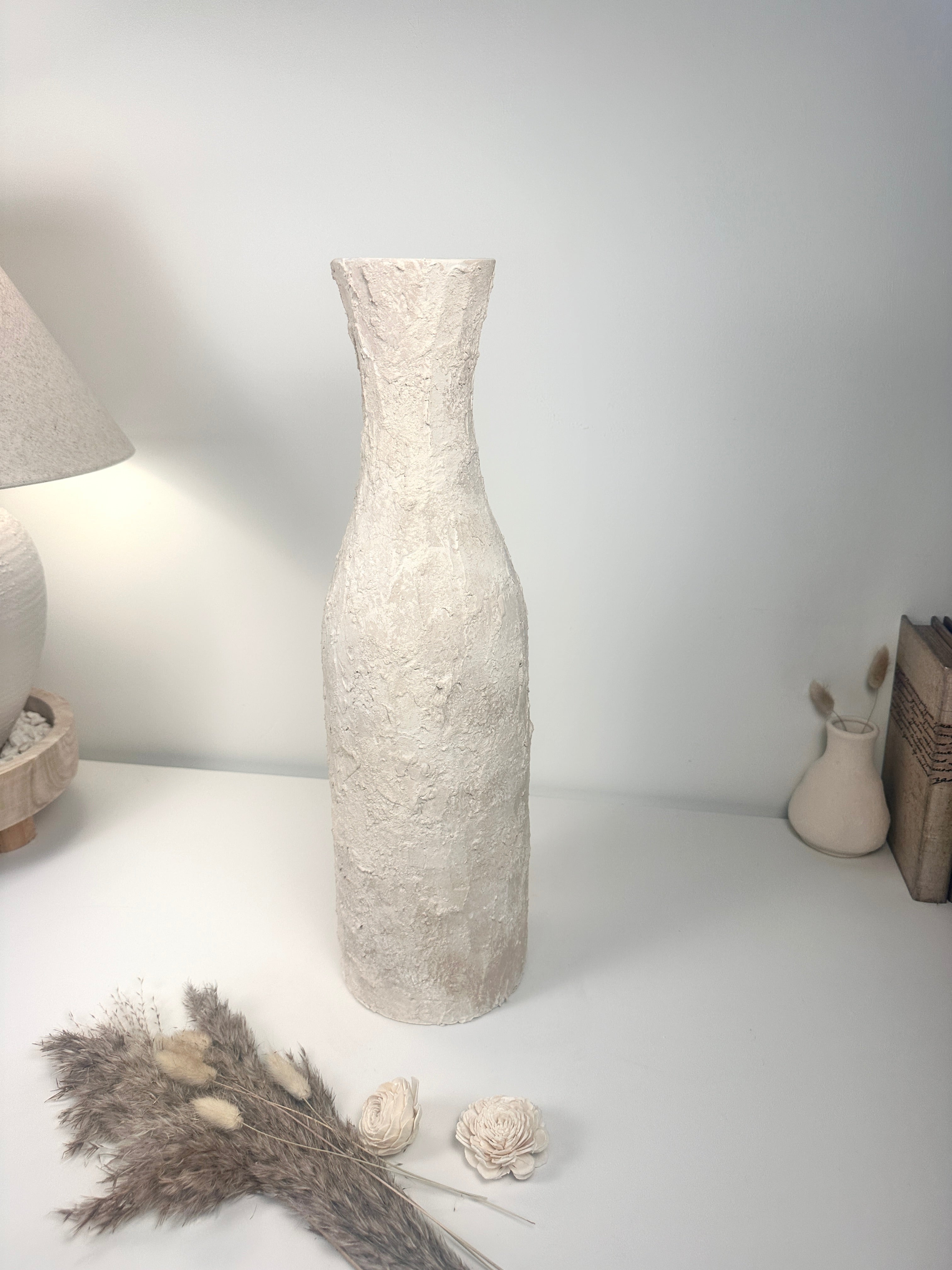 Minimalist Art Piece Floor Vase 19.5" tall - textured and hand-painted - off white
