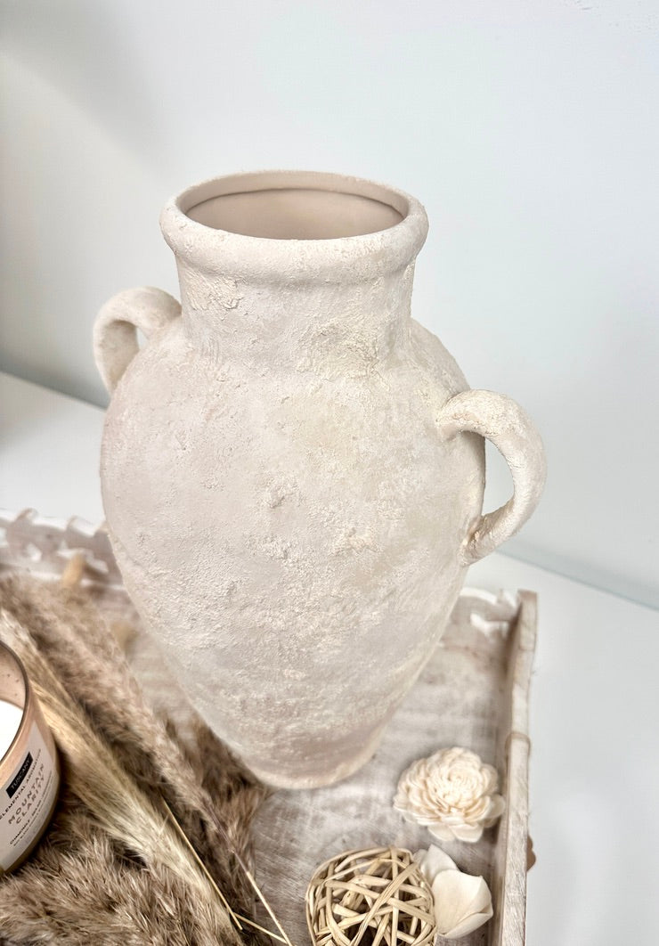 Minimalist Roman Style Textured Hand-painted Ceramic Vase 12" tall - cream/off-white