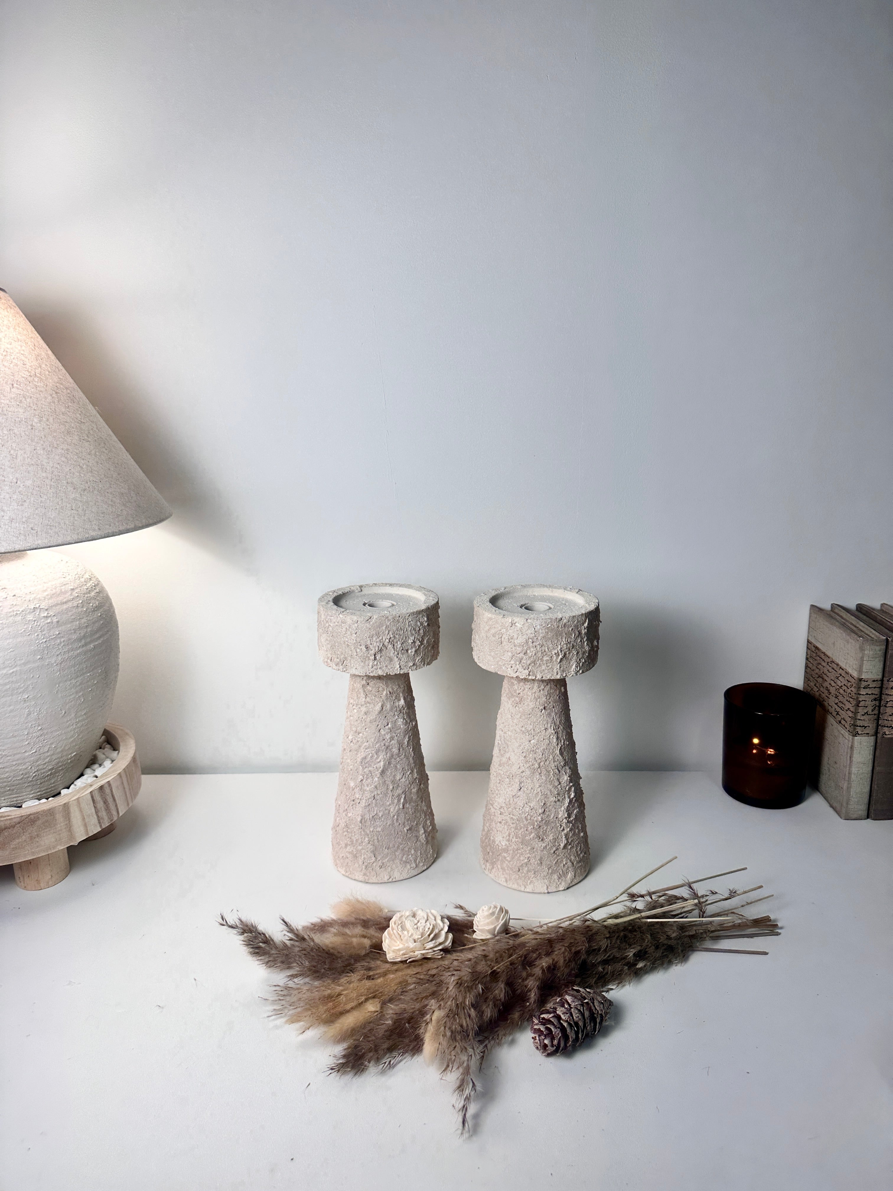 Set of 2 candle holder tray and stick minimalist style 11" tall - Cream wash