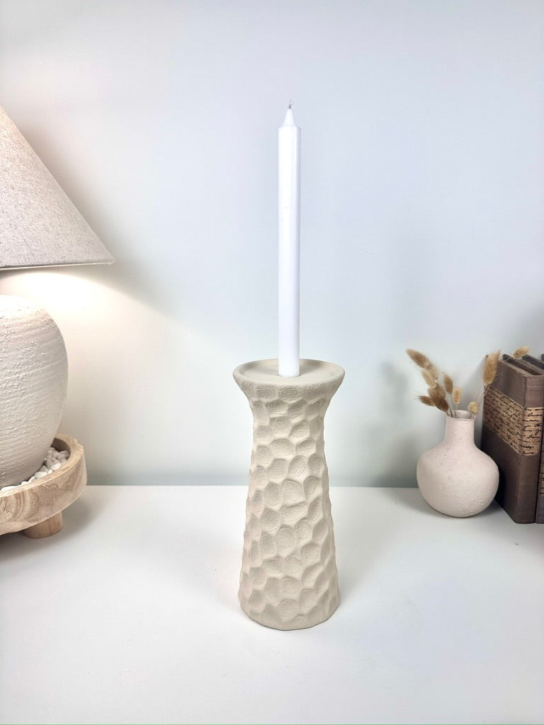 Minimalist Abstract Textured Candlestick 10'5 tall Beige Linen Color