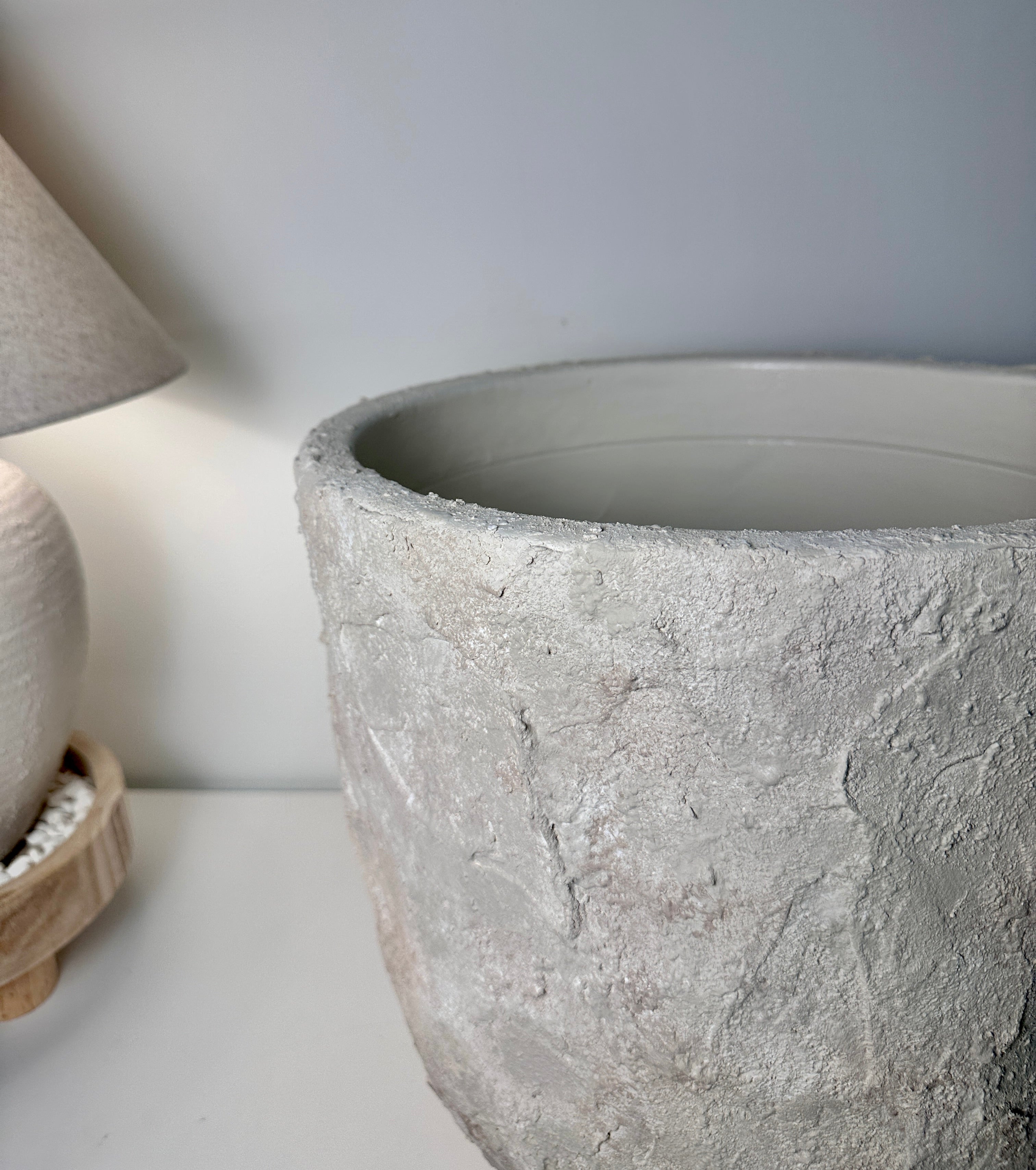 Minimalist Hand-Painted & Textured Planter Pot 14" tall with drainage hole one time creation - Cream