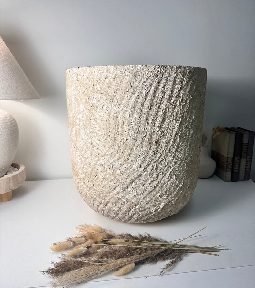 Minimalist Hand-Painted & Textured Planter Pot 17.5" tall with drainage hole one time creation - cream sand washed