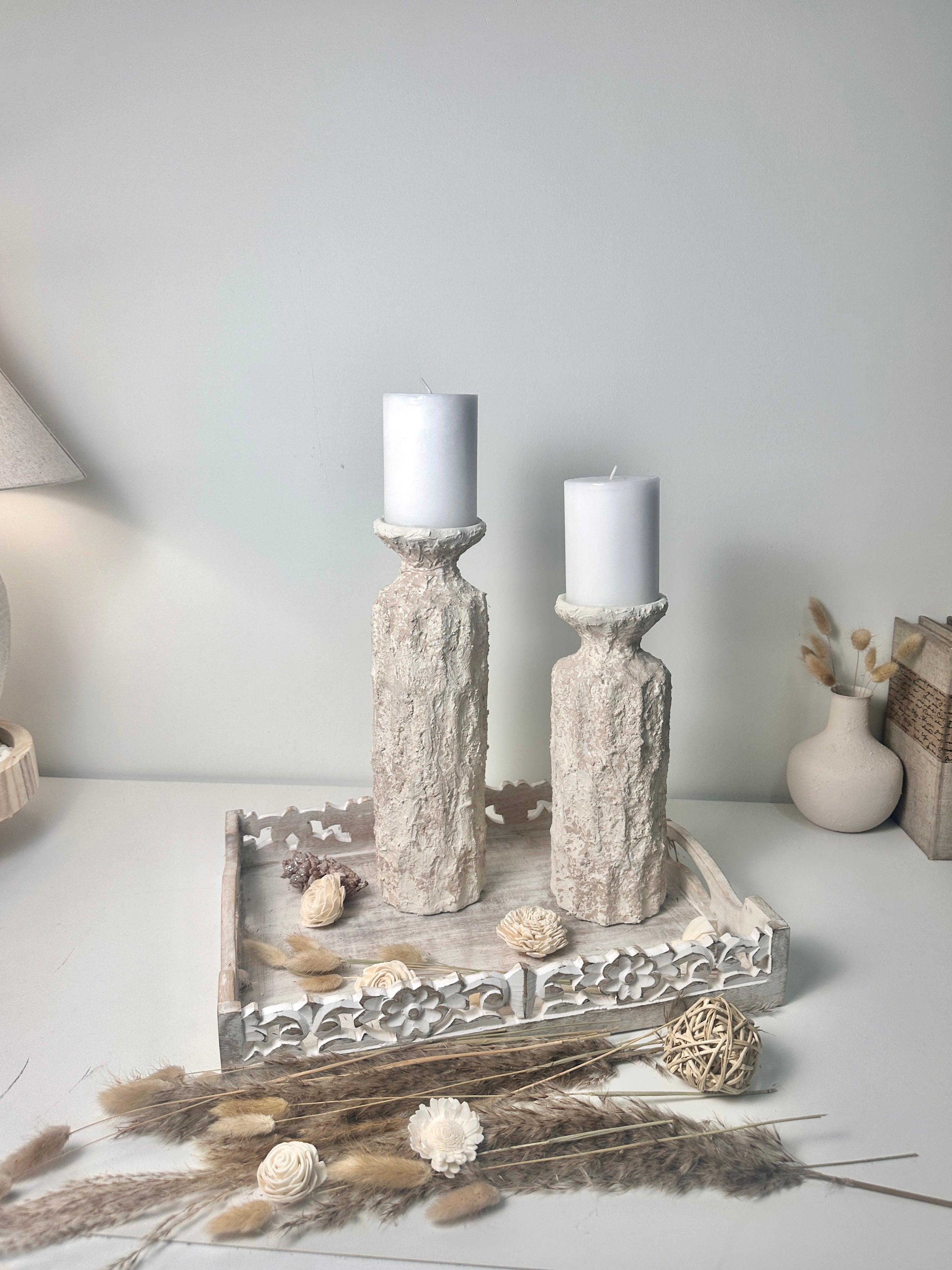 Minimalist Set of 2 Candle Holders Textured Hand-Painted - Cream Sand (10.5x4x4", 13x4x4")
