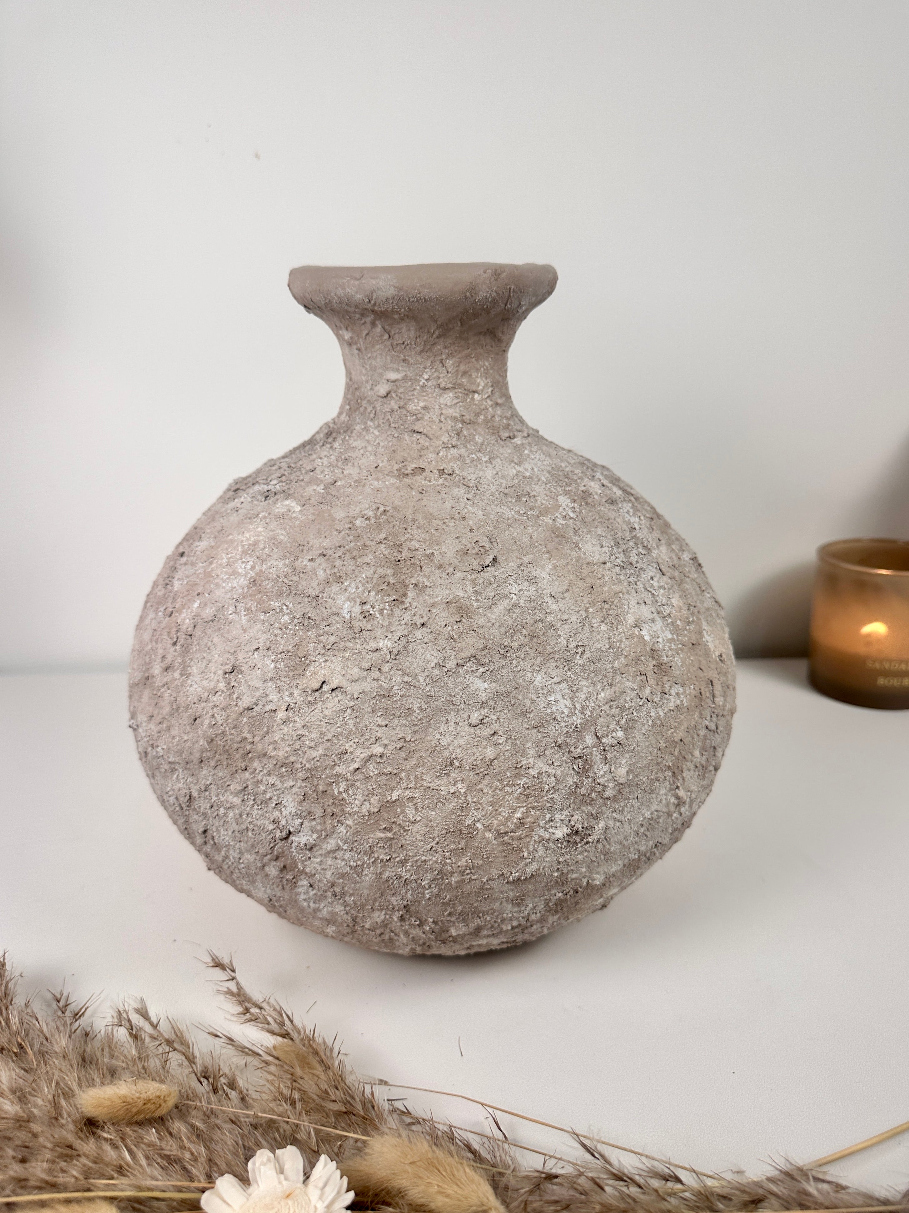 Rustic Hand-Painted Ceramic Round Bottle Vase 11" tall - Beige Wash