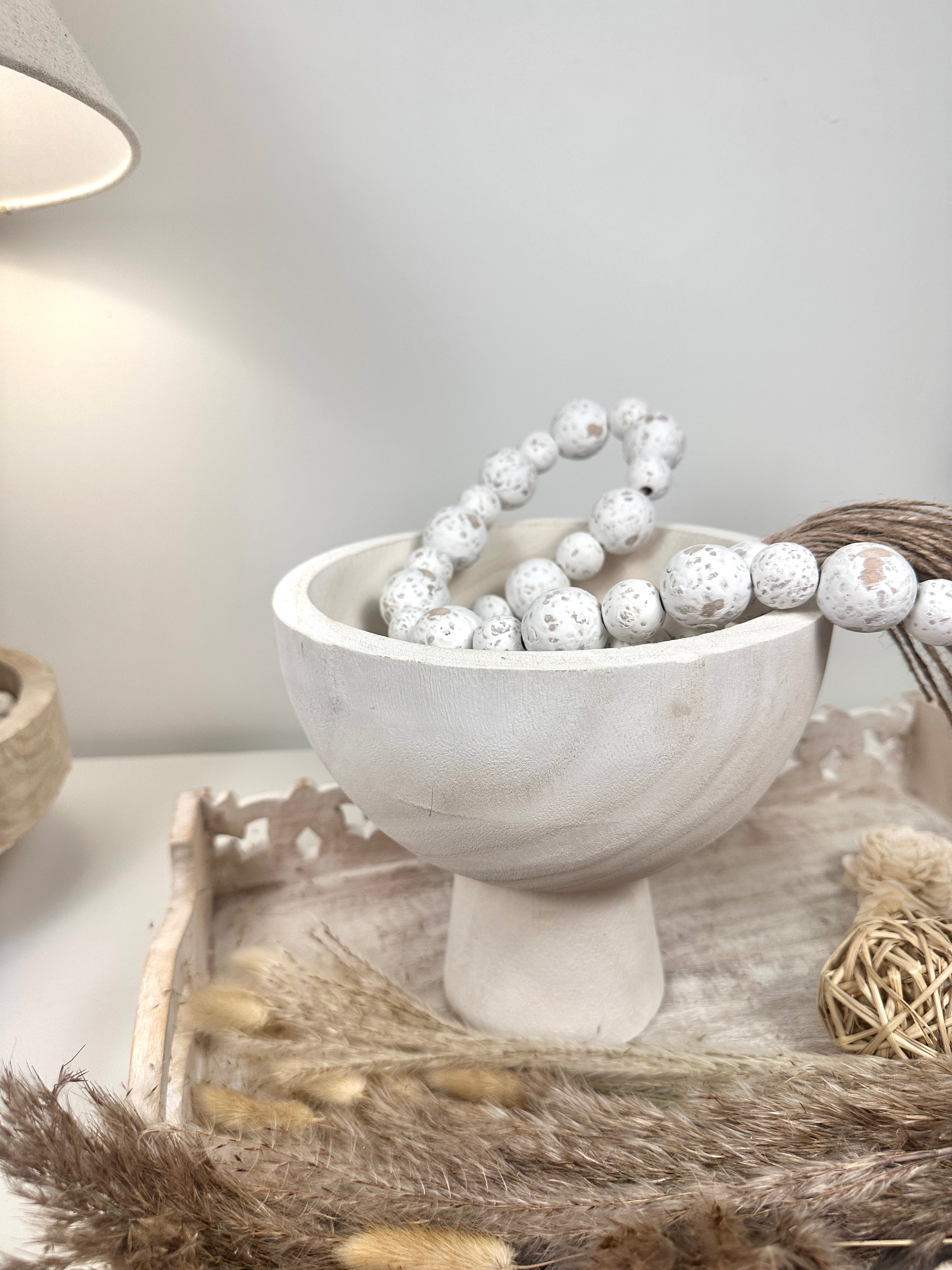 Set of 2 Boho Paulownia Bowl Tray 7"tall Ivory Sand + Wood Bead Garland