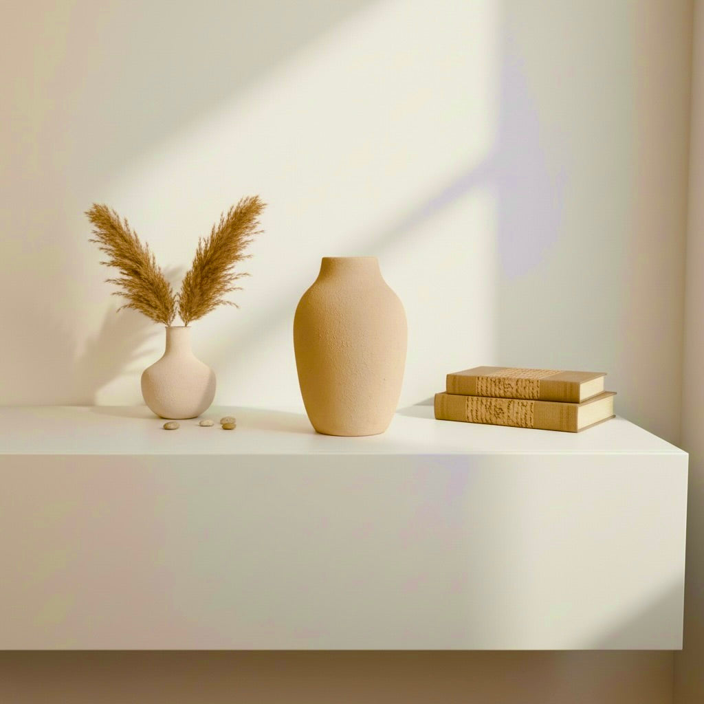 Minimalist Textured and Hand-Painted Ceramic Vase 10.5" tall -  Sand Tan