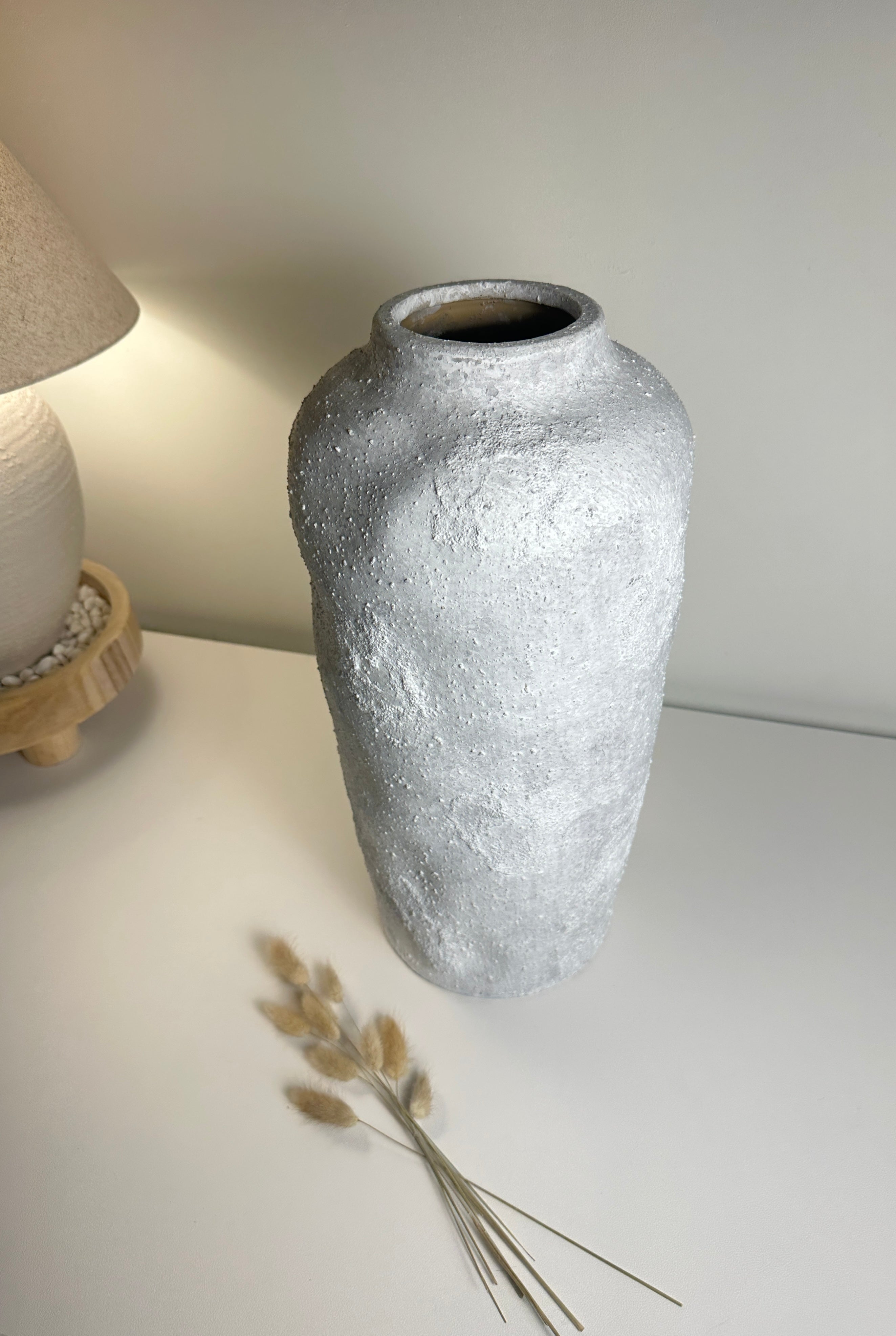 Minimalist Floor Vase or Table Vase Textured Ceramic White/Light Grey 17"Tall