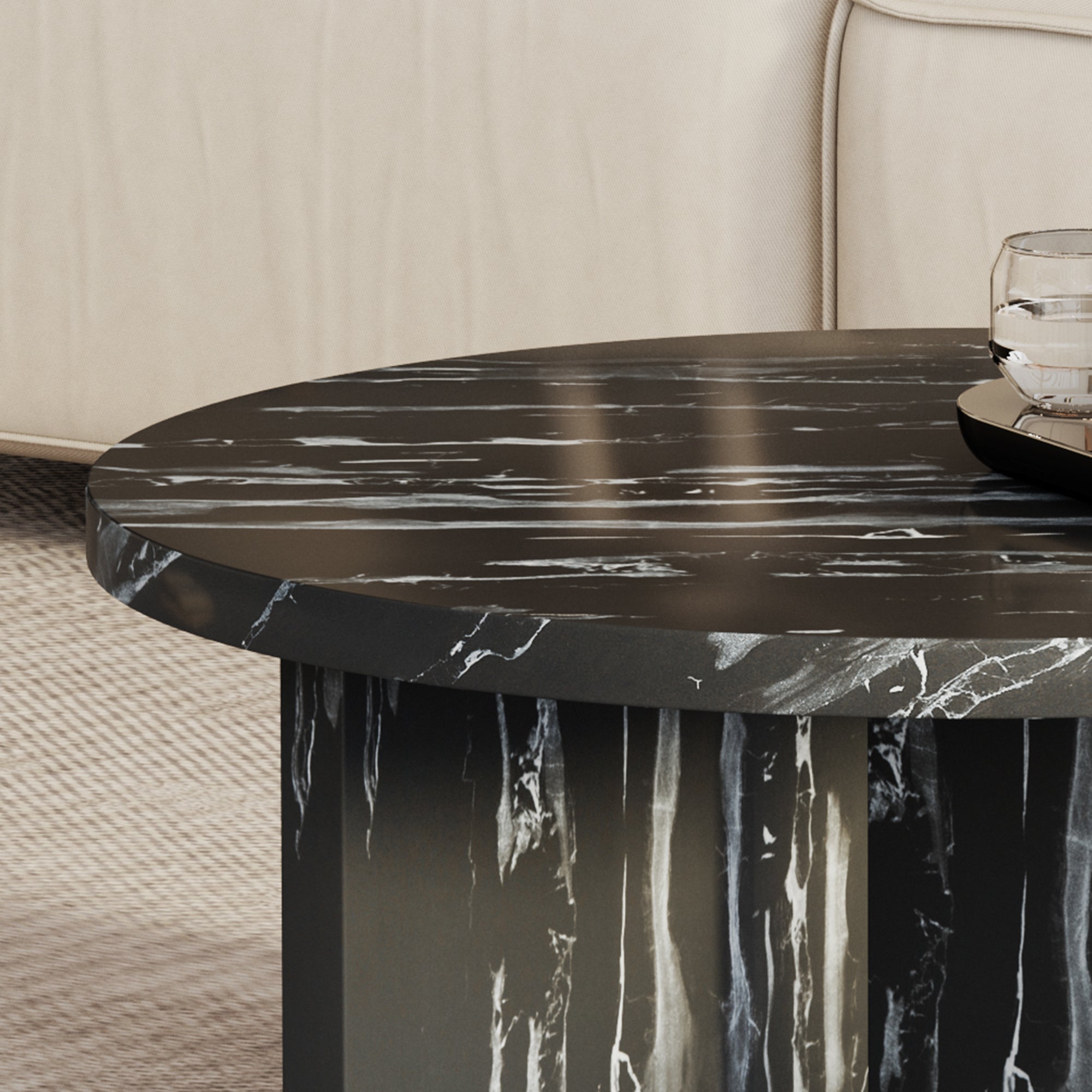Modern Circular Coffee Table with Texture - Black