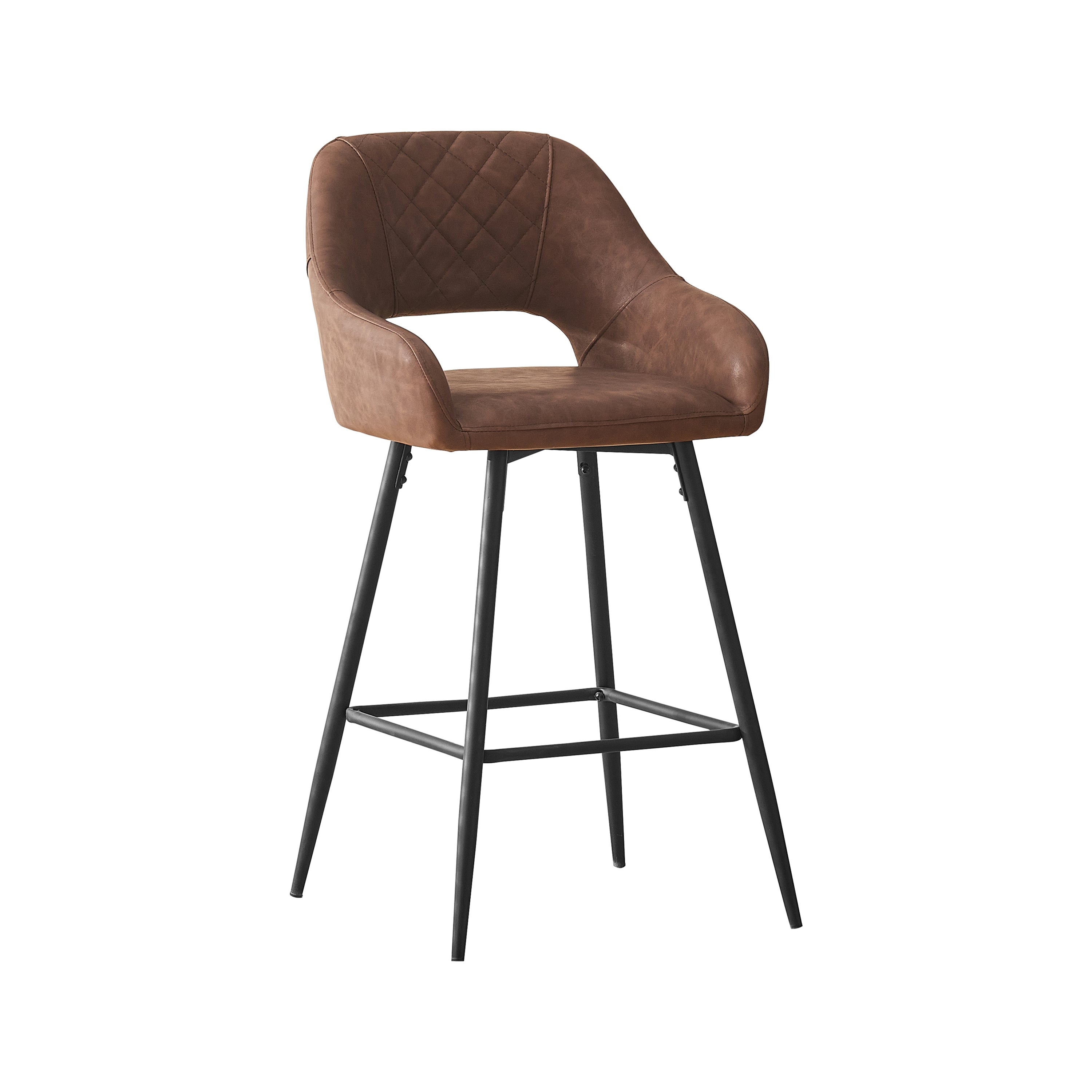 Bar Stools Set of 2 Leather Brown Breakfast Dining Bar Stools Fixed Height Bar Chairs with Metal Frame and Footrest
