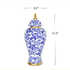 18"H White Ceramic Ginger Jar Vase with Blue & Gold Accents and Removable Lid