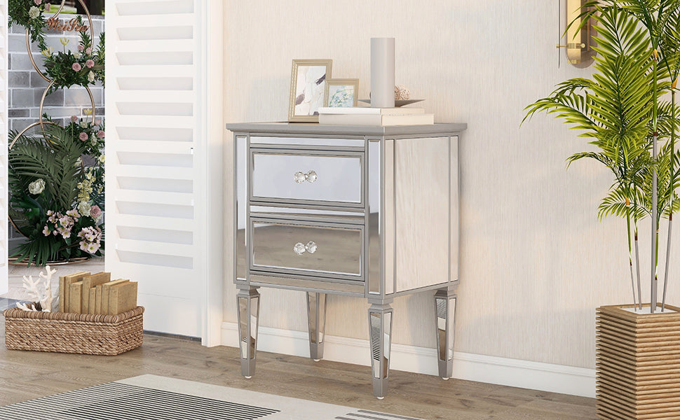 Elegant Mirrored Side Table with 2 Drawers, Modern Silver Finished