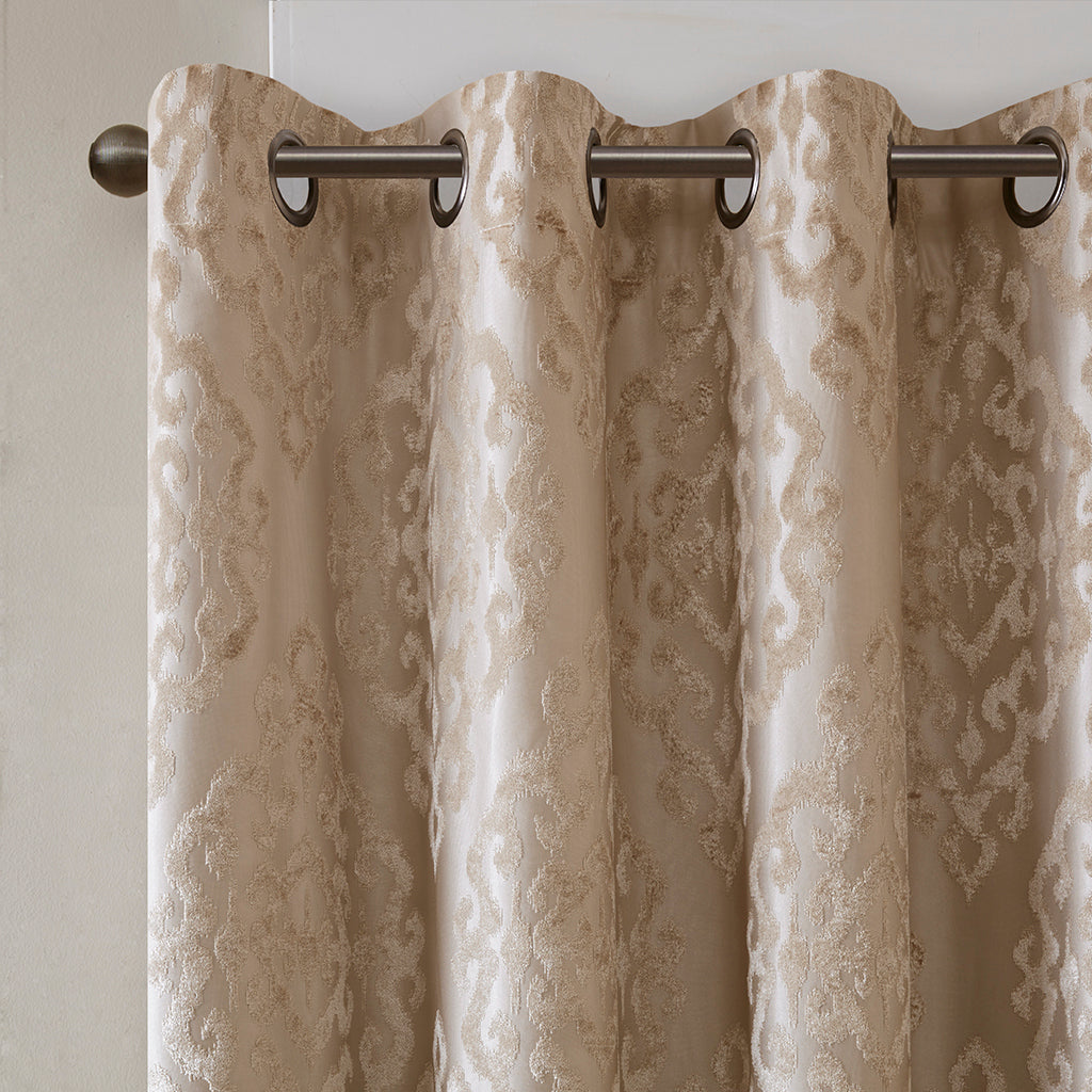 2-PK 50x84" Knitted Jacquard Damask Total Blackout Grommet Top Curtain Panel Pair - Champagne