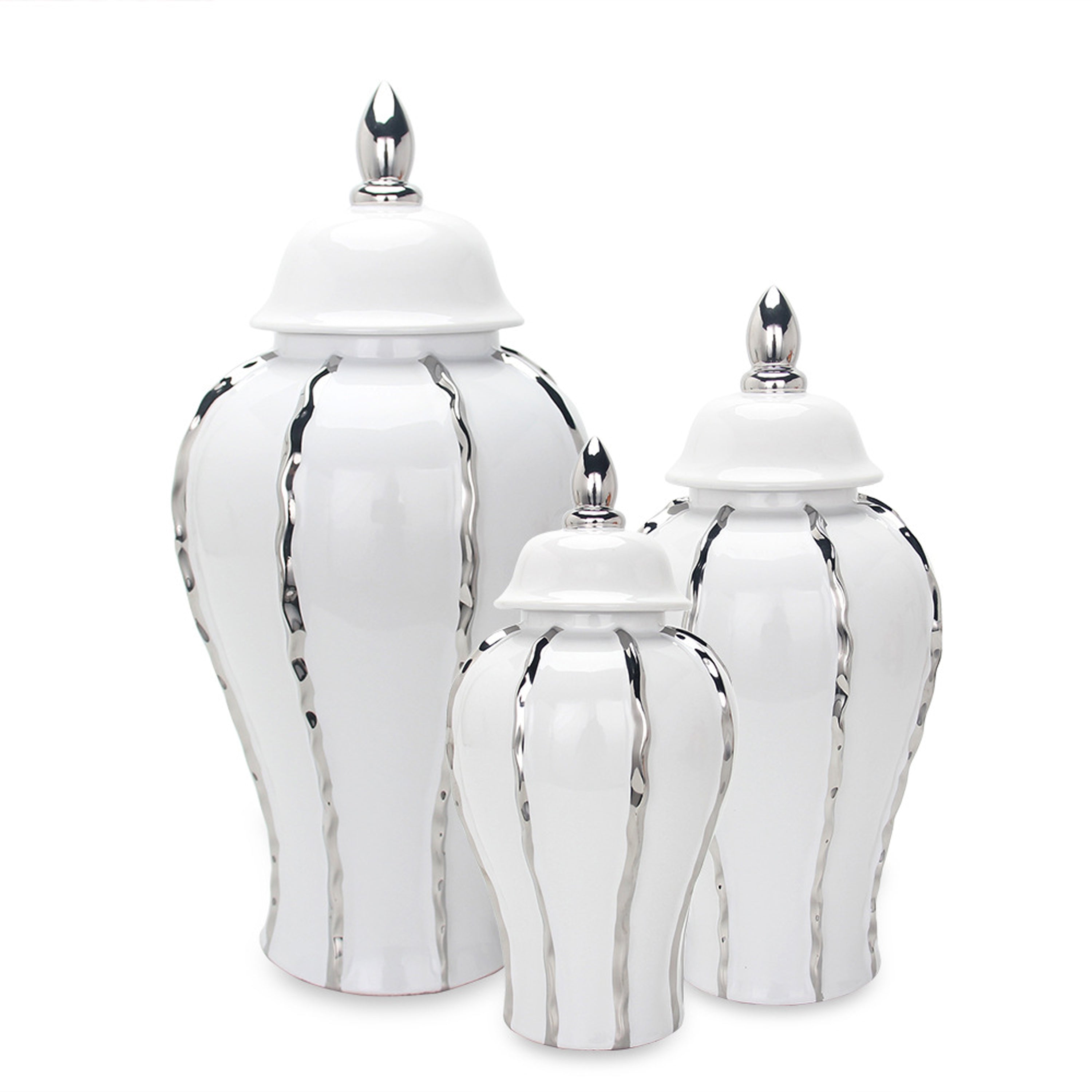 15"H White Ginger Jar with Silver Ornament