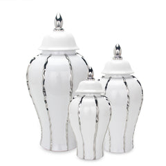 15"H White Ginger Jar with Silver Ornament