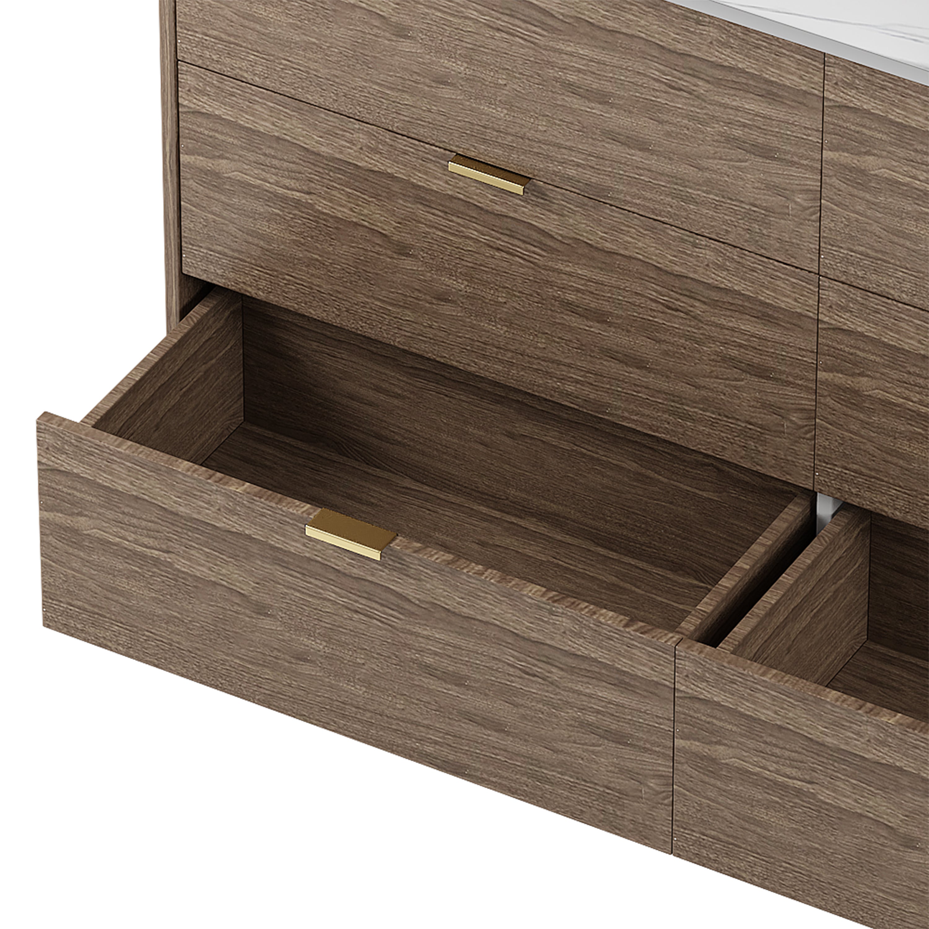 55" Long 6 Drawer Dresser with Marbling Worktop, Mordern Storage Cabinet with Metal Leg and Handle - Walnut