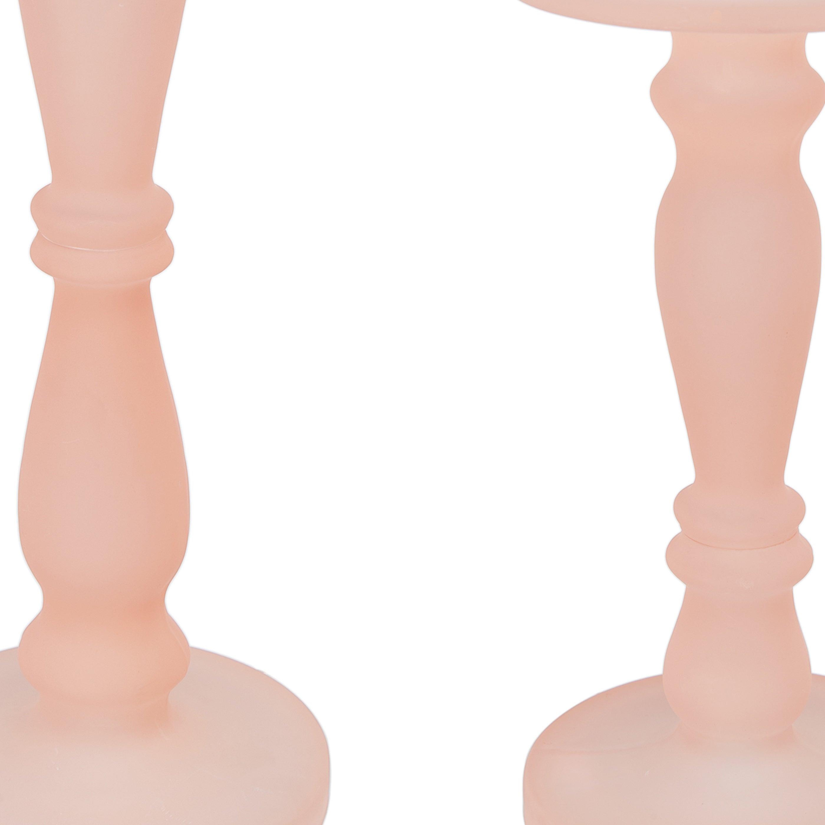 Set of 2 Candle Holders, Rose Pink Turned Pedestal Glass