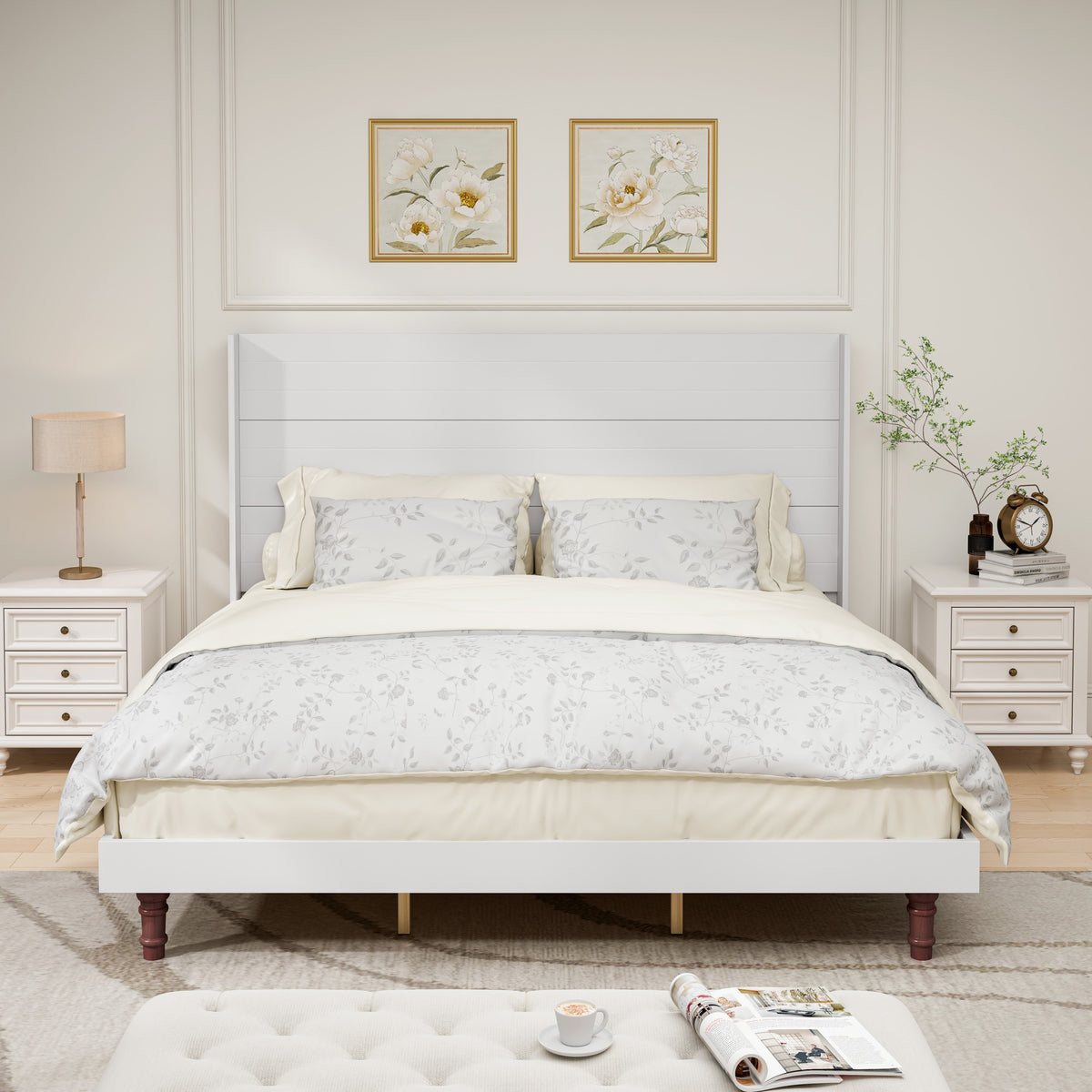 Stylish High Headboard Bed, 54 'High Headboard, High Quality, Comfortable High  Back Design Ideal for Reading or Relaxing, King Size, White