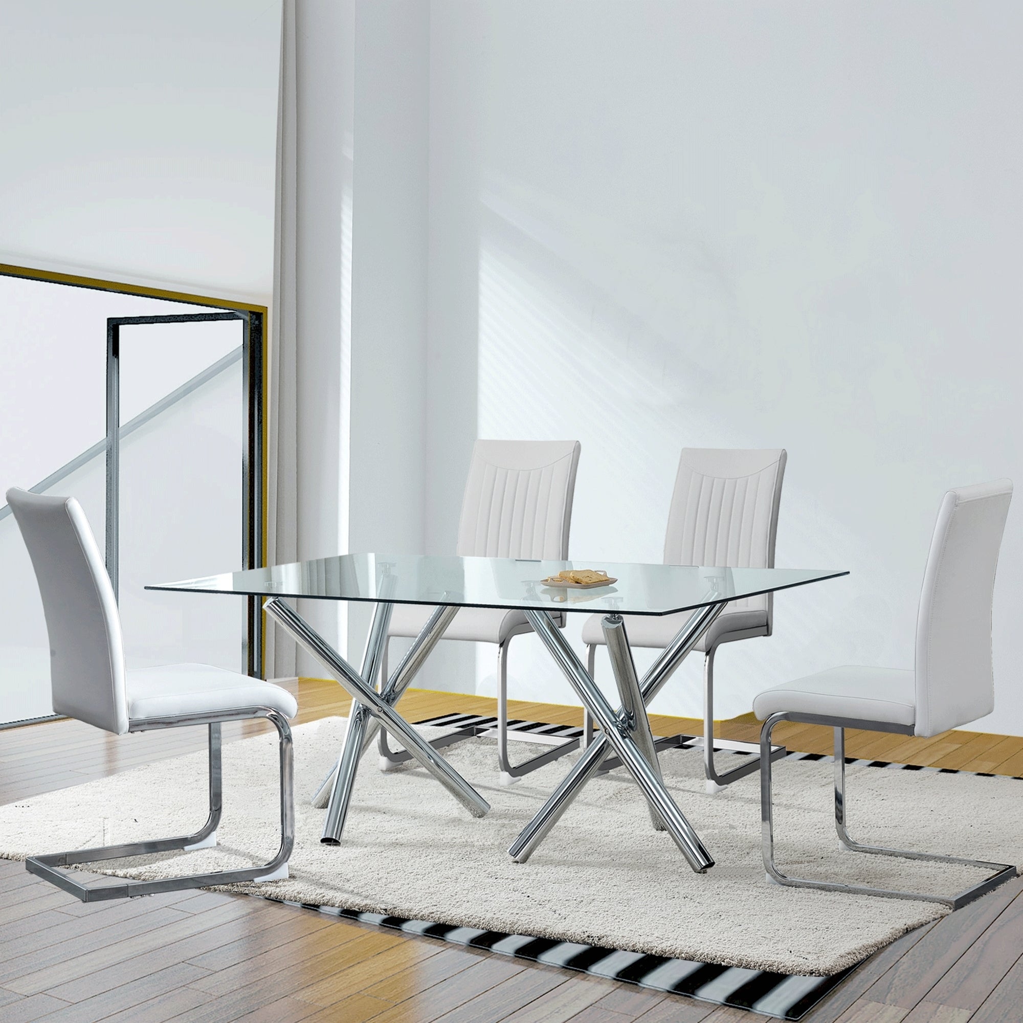 Modern Minimalist Rectangular Glass Dining Table for 6-8 with 0.39" Tempered Glass Tabletop and Silver Chrome Metal Legs