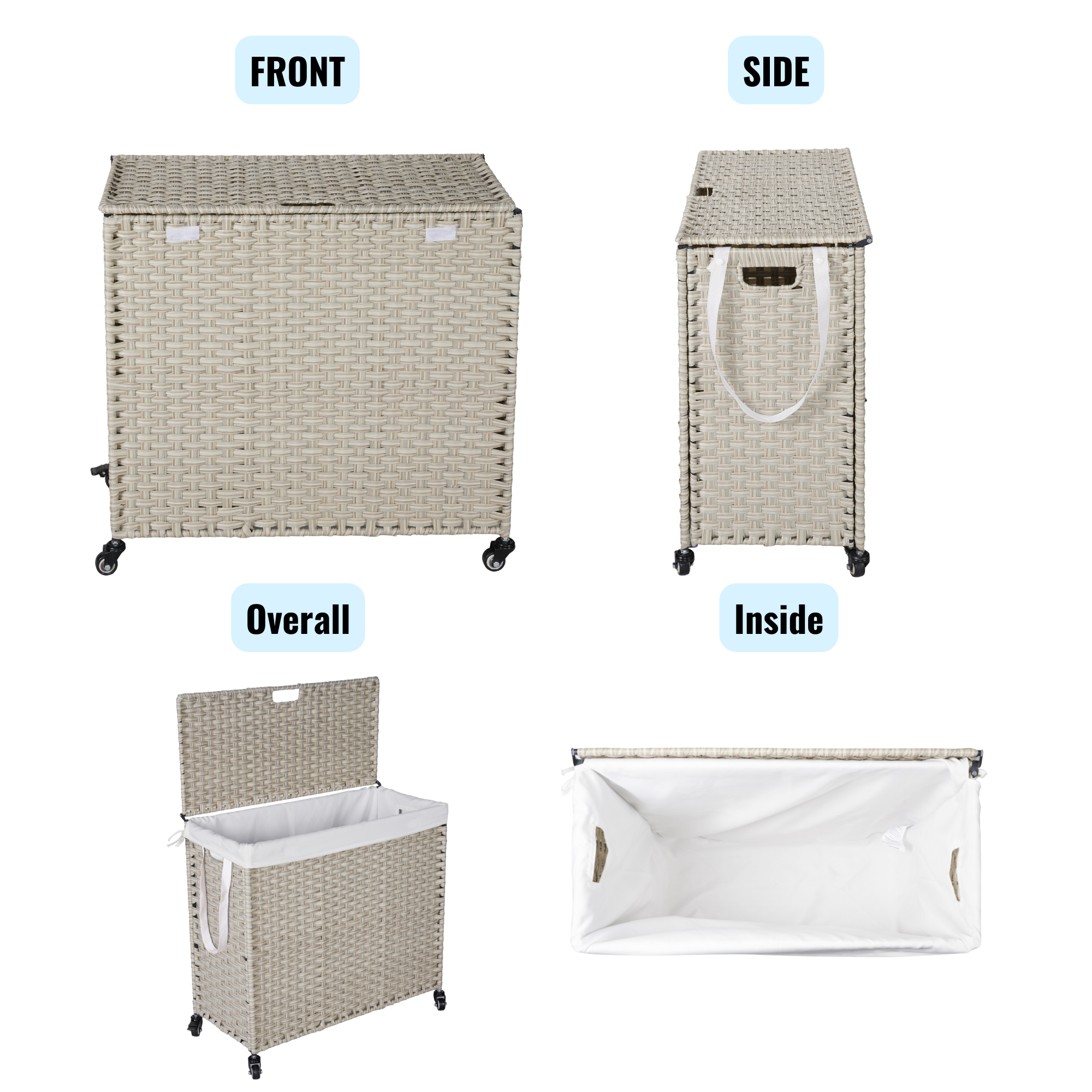 Laundry Hamper With Lid PE Rattan Powder Coating Frame Clothes Hampers with 2 Removable Bags, Wheels, 160L, Light Grey