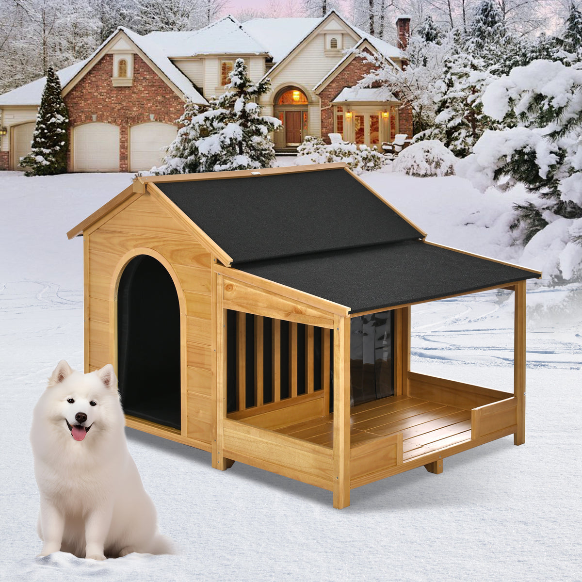 60.2' Large Outdoor Dog House with Insulated Liner for Winter Waterproof Dog Kennel for Medium & Large Dogs, Dog House with Porch and Asphalt Roof and Elevated Floor, Nature