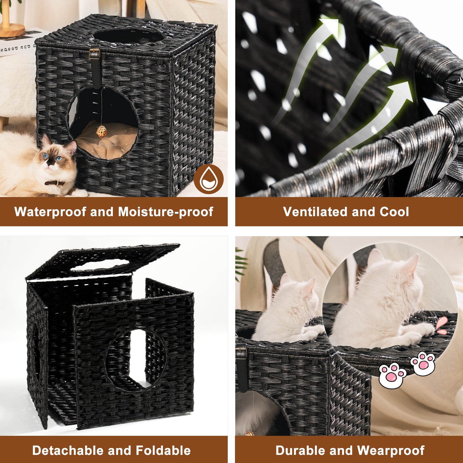 Rattan Cat Litter,Cat Bed with Rattan Ball and Cushion - Black