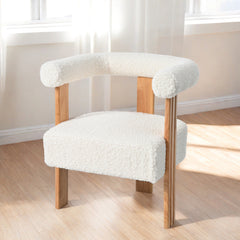 Mid-Century Modern Barrel Accent Chair in White Teddy Velvet Boucle with Arms for Kitchen & Dining Room