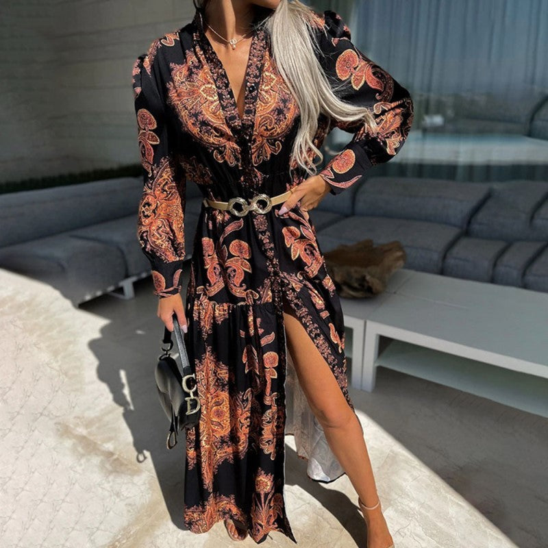 Women's Bohemian Flowy Maxi Dress - Charming V-Neck With Bell Sleeves, Bold Printed Pattern, Side Slit Design