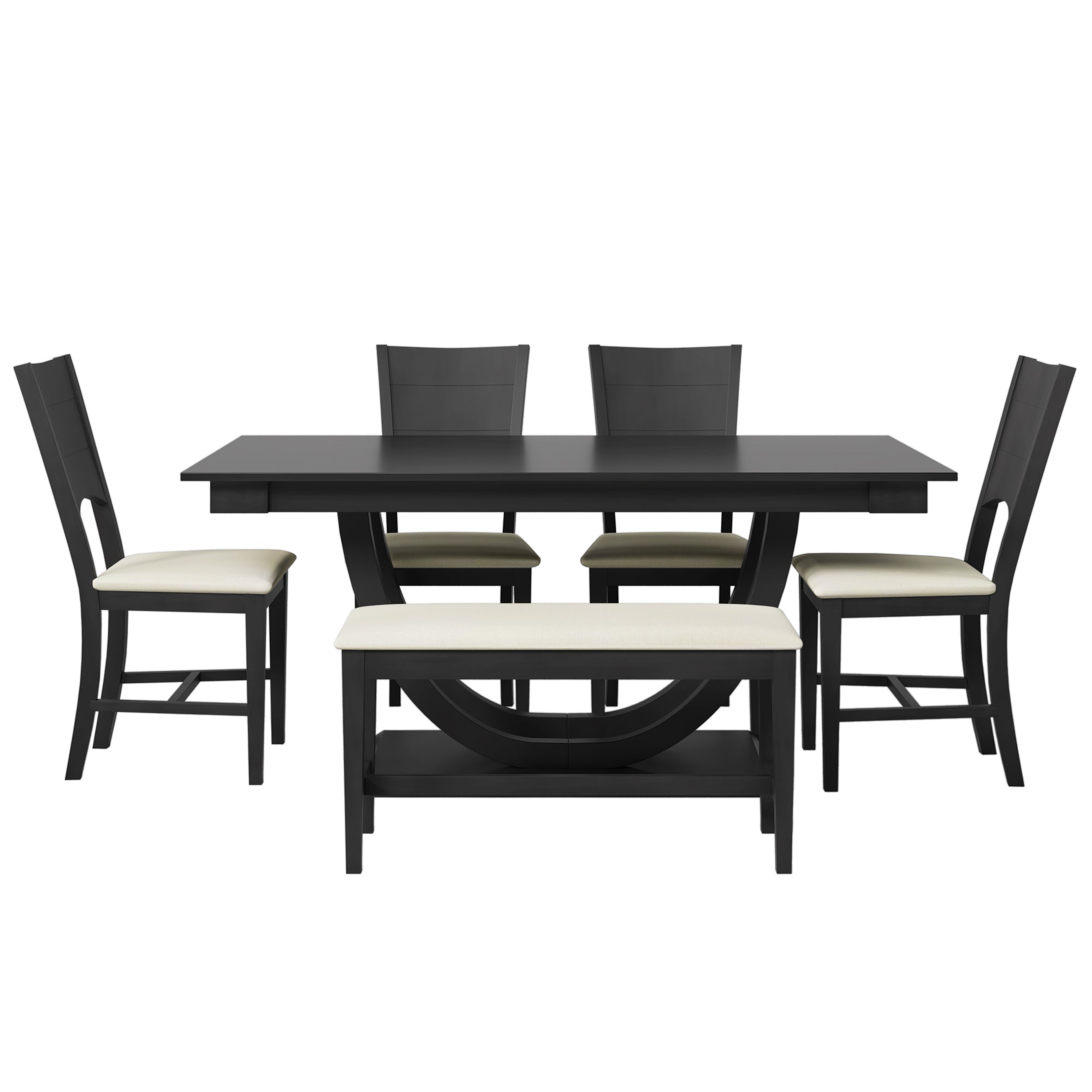 6-Piece Wood Half Round Dining Table Set with Long Bench and 4 Dining Chairs - Grey