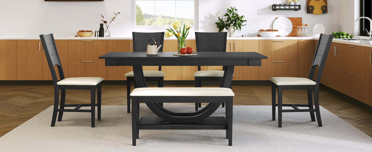 6-Piece Wood Half Round Dining Table Set with Long Bench and 4 Dining Chairs - Grey