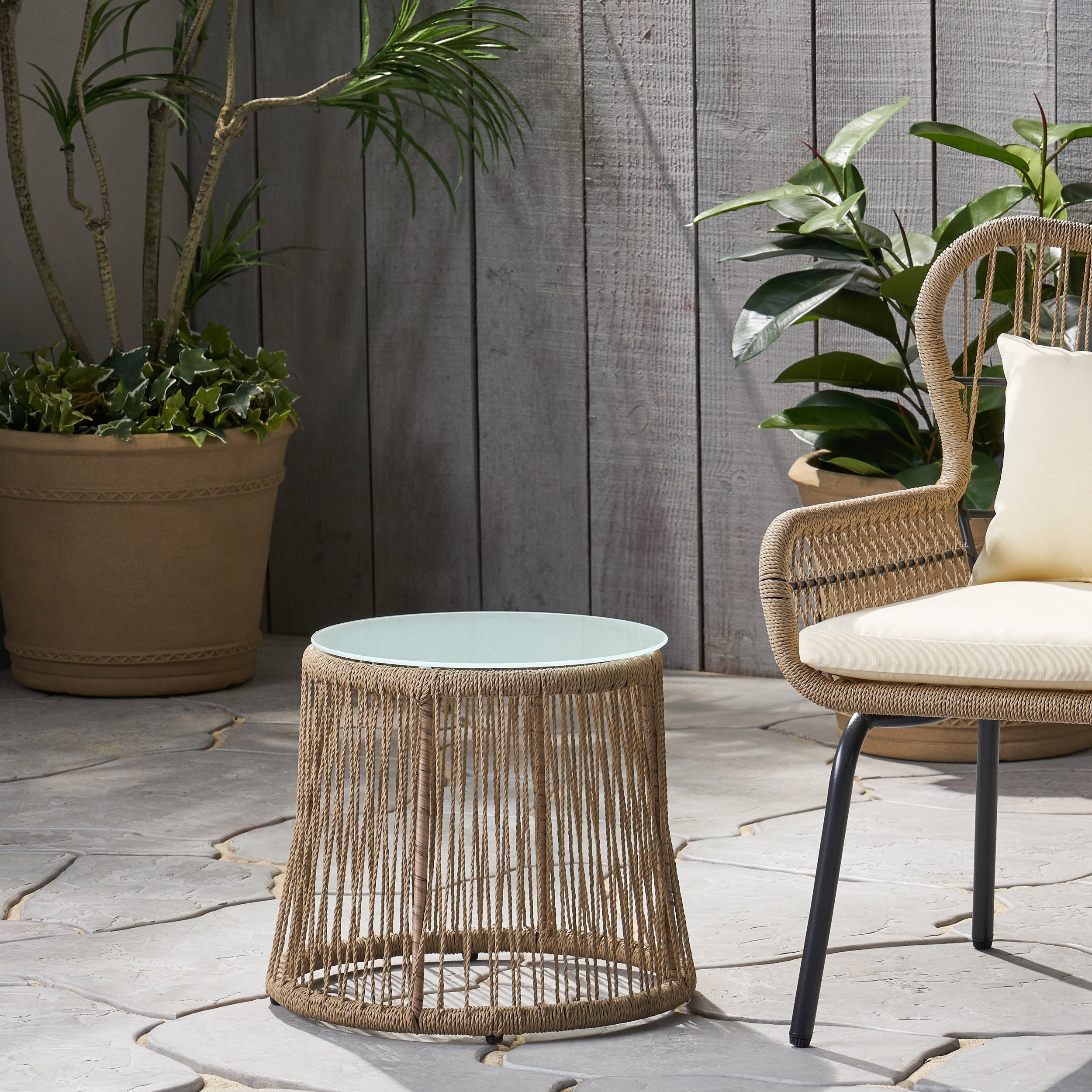 Boho Woven Rope Side Table - Brown