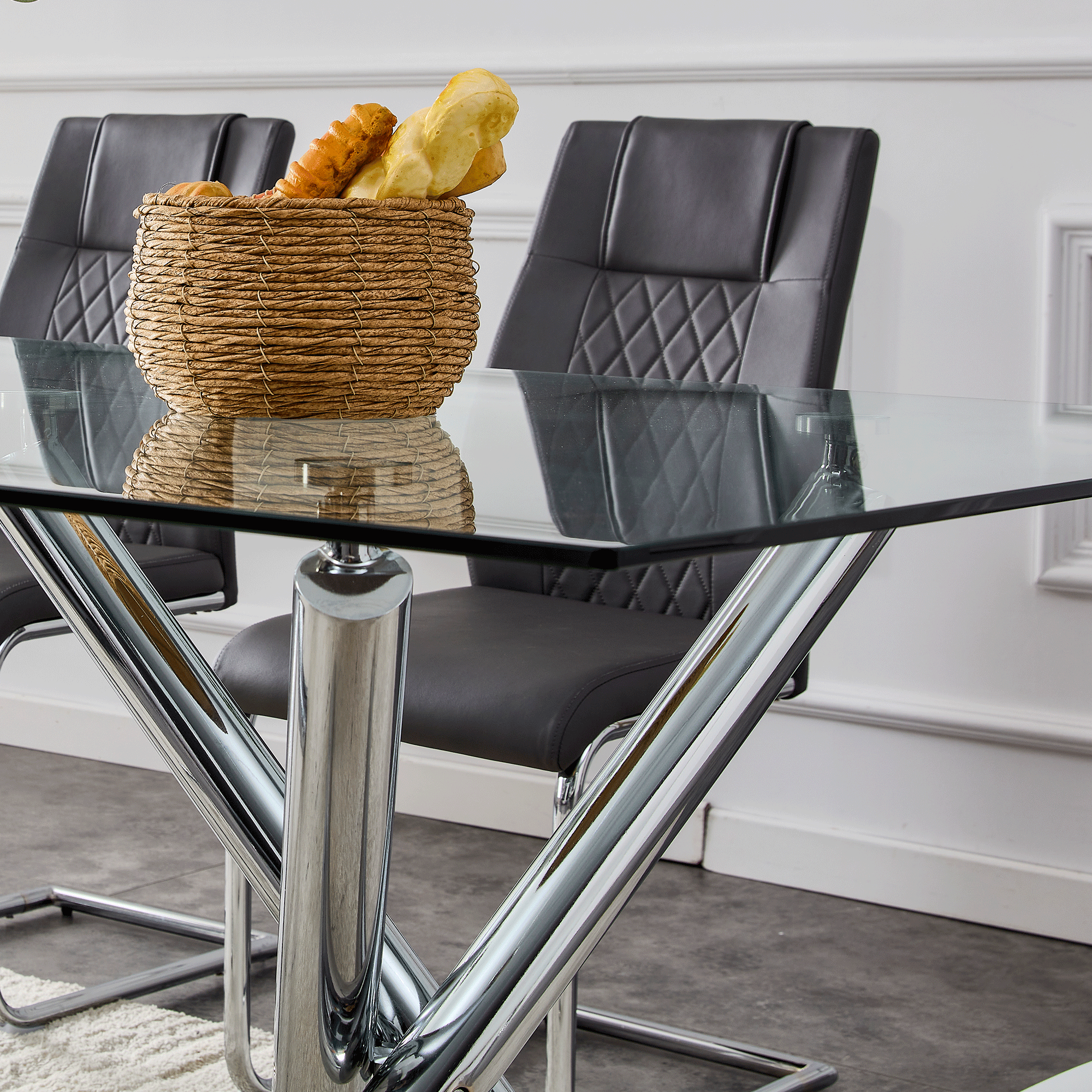 Modern Minimalist Rectangular Glass Dining Table for 6-8 with 0.39" Tempered Glass Tabletop and Silver Chrome Metal Legs