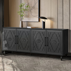 Carved Flower Door Large Storage Cabinet With Metal Handle Suitable For Living Room, Kitchen, Entryway - Black