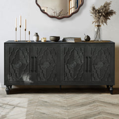 Carved Flower Door Large Storage Cabinet With Metal Handle Suitable For Living Room, Kitchen, Entryway - Black