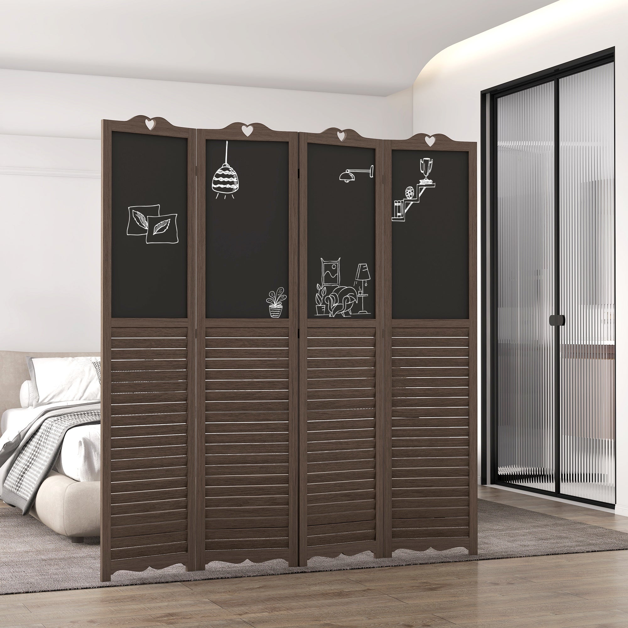 4-Panel Folding Room Divider with Blackboard, 5.5 Ft Tall Freestanding Privacy Screen Panels - Walnut Brown