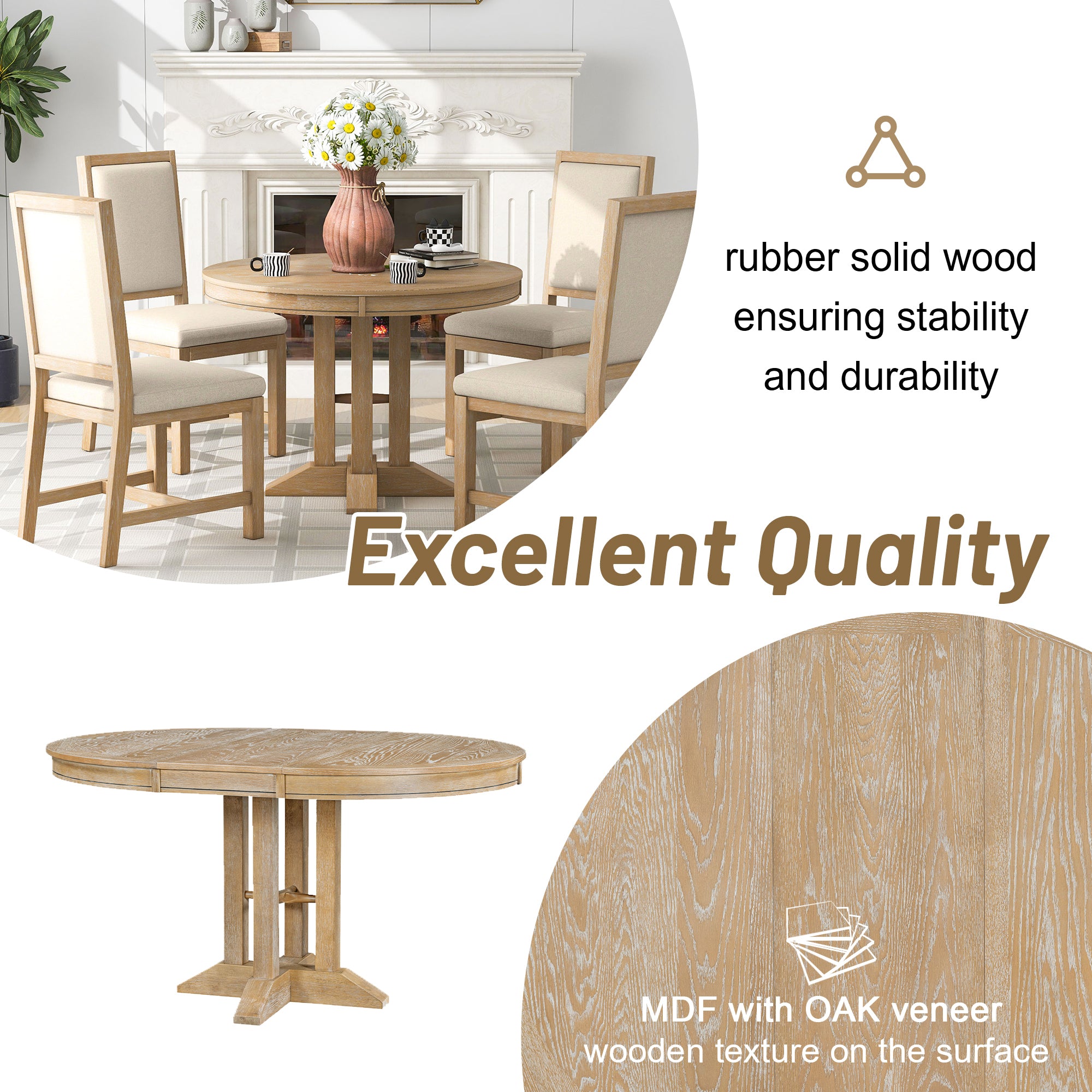 Farmhouse Dining Table Extendable Round Table for Dining Room - Natural Wood Wash