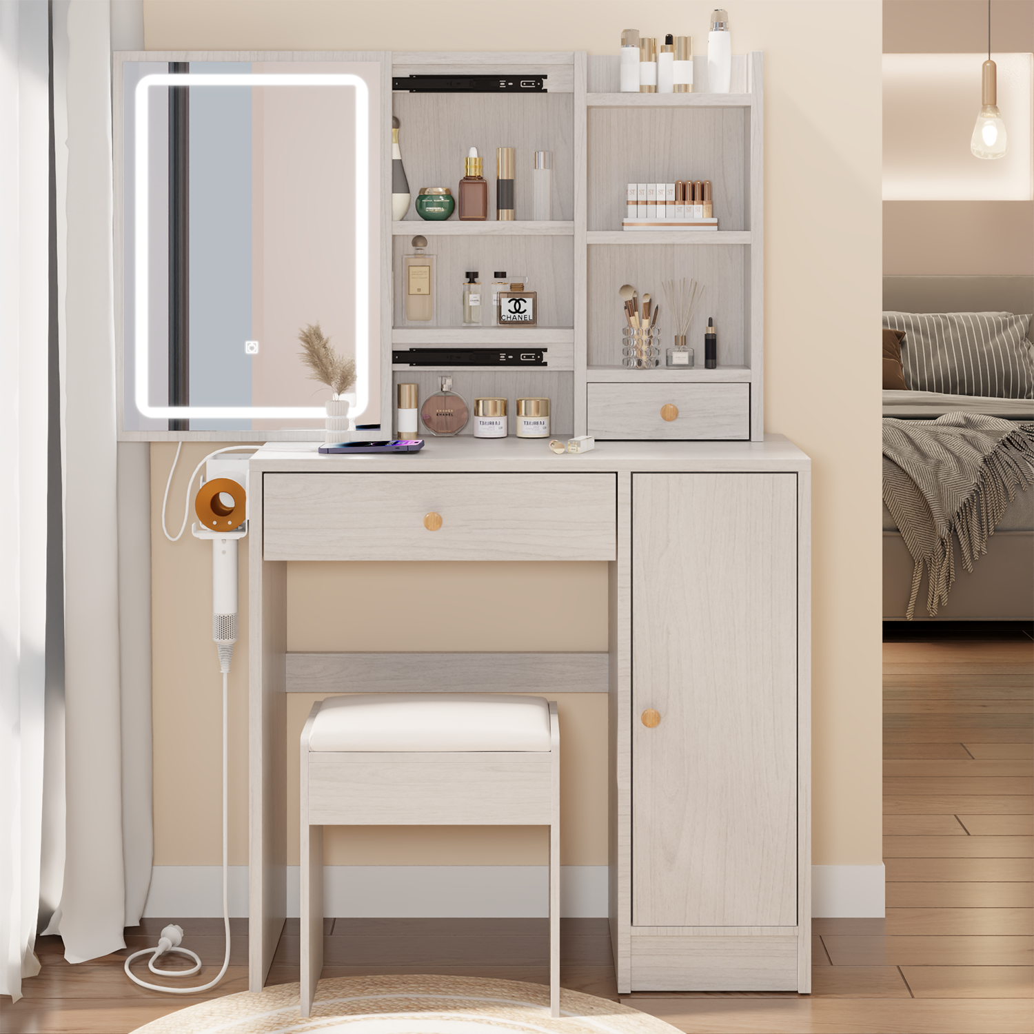 Vanity Table + Cushioned Stool, With 2 AC Power + 2 USB Socket, Extra Large Sliding LED Mirror